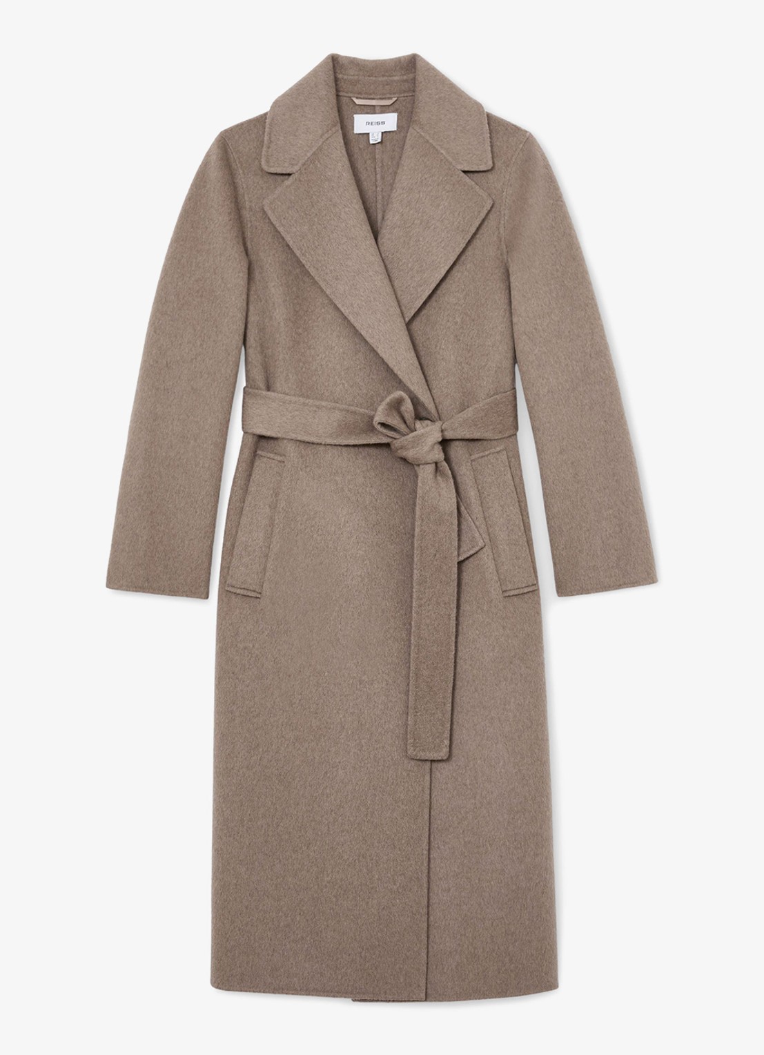Reiss Thea mantel met strikceintuur - voorkant 6 donkerbeige