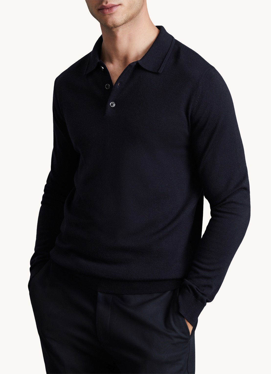 Reiss Trafford fijngebreide regular fit polo van wol - detail donkerblauw