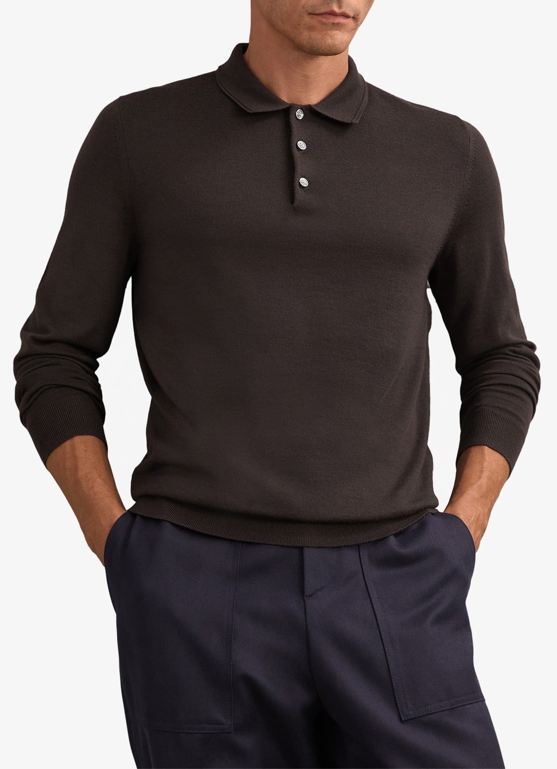 Reiss Trafford polo van wol met lange mouw - detail 3 chocoladebruin