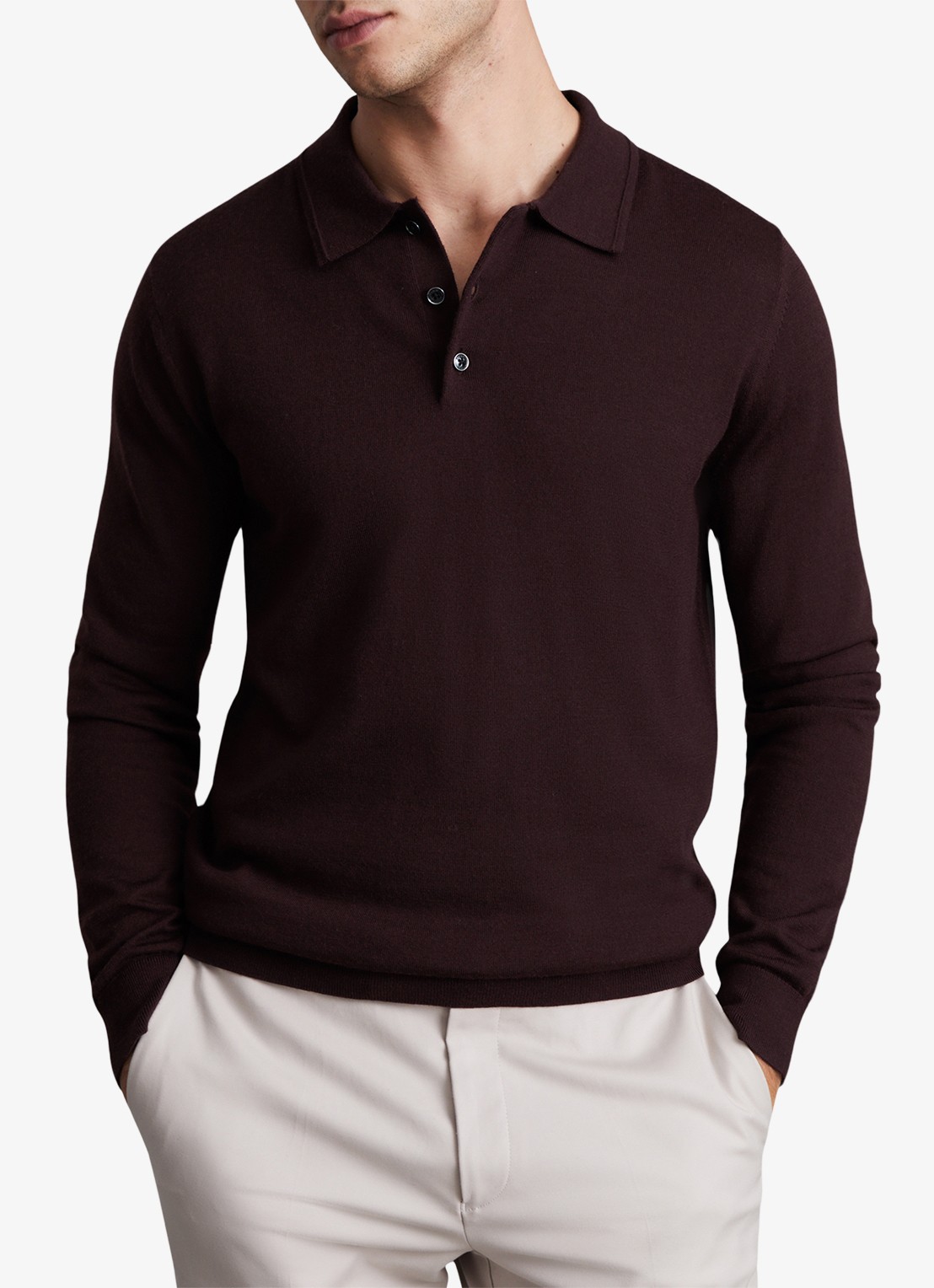 Reiss Trafford regular fit fijngebreide polo van merino wol - detail 4 bordeauxrood