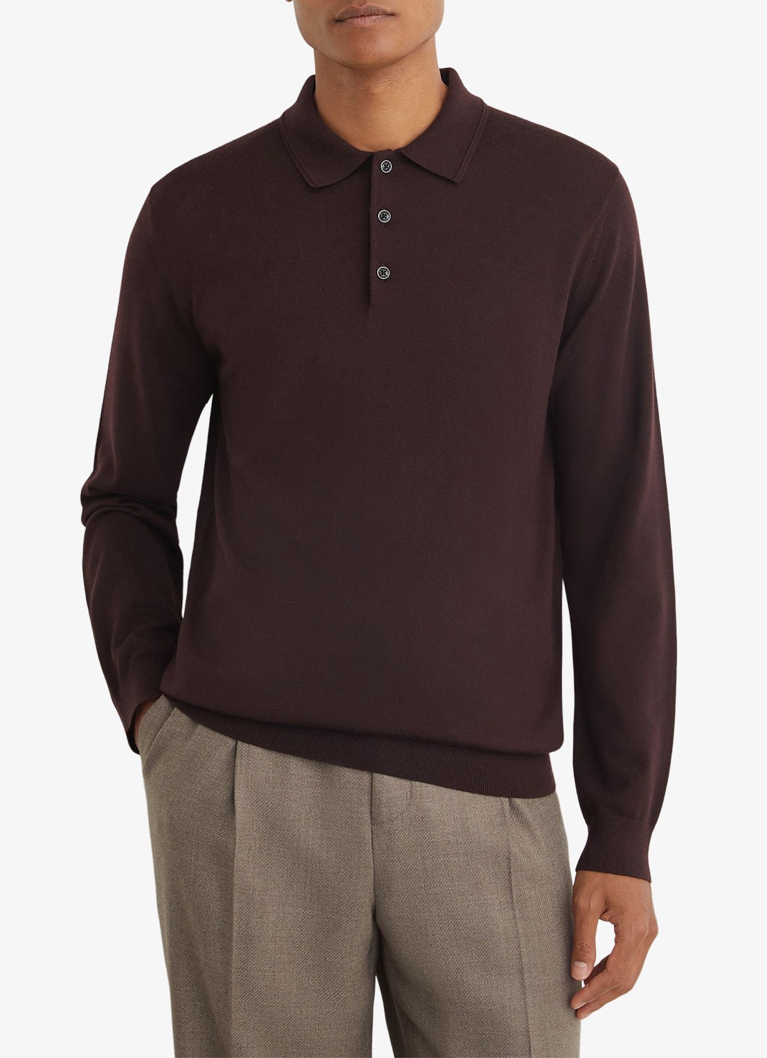 Reiss Trafford regular fit polo van merino wol - detail 3 bordeauxrood