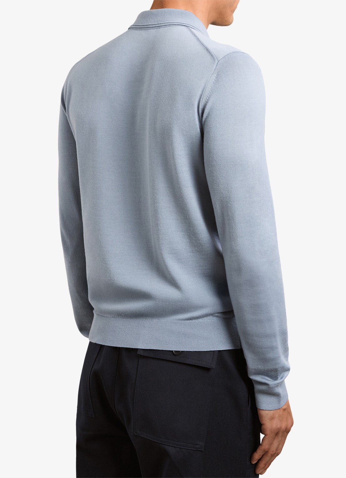 Reiss Trafford sweater van merino wol met polokraag  - achterkant staalblauw