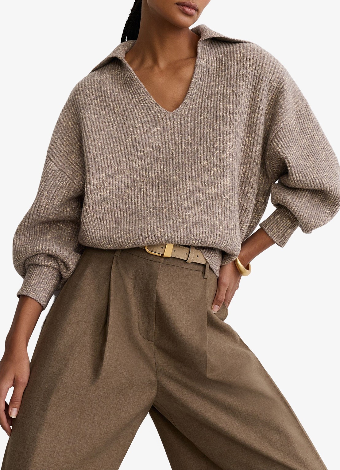 Reiss Twyla ribgebreide trui met ballonmouw - detail 3 beige