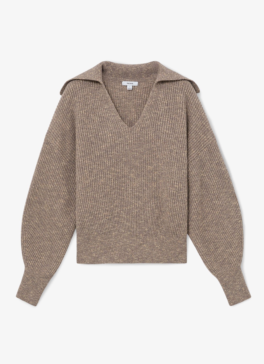 Reiss Twyla ribgebreide trui met ballonmouw - voorkant beige