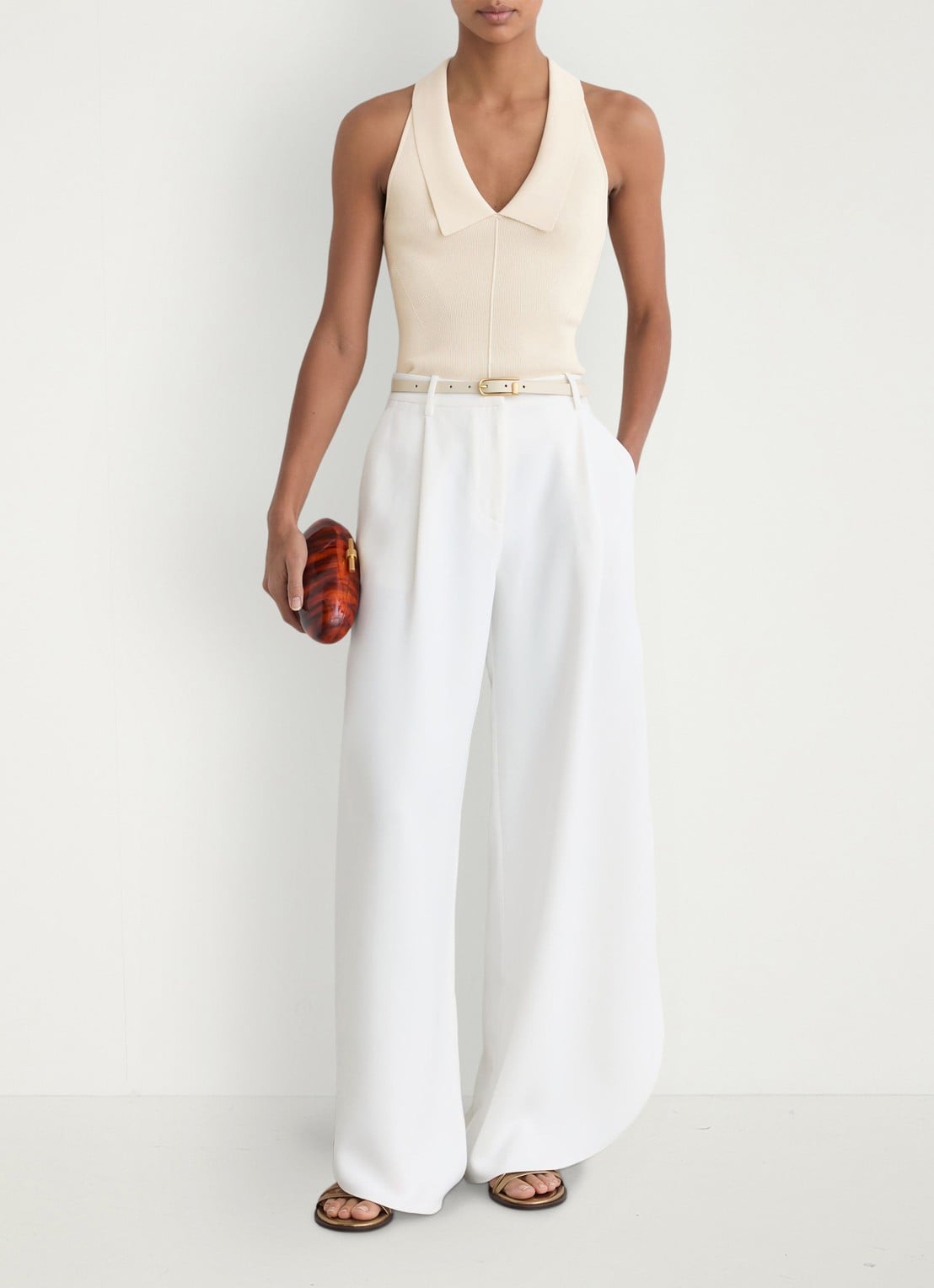 Reiss Vera fijngebreide top met kraag - voorkant 7 ivory / beige
