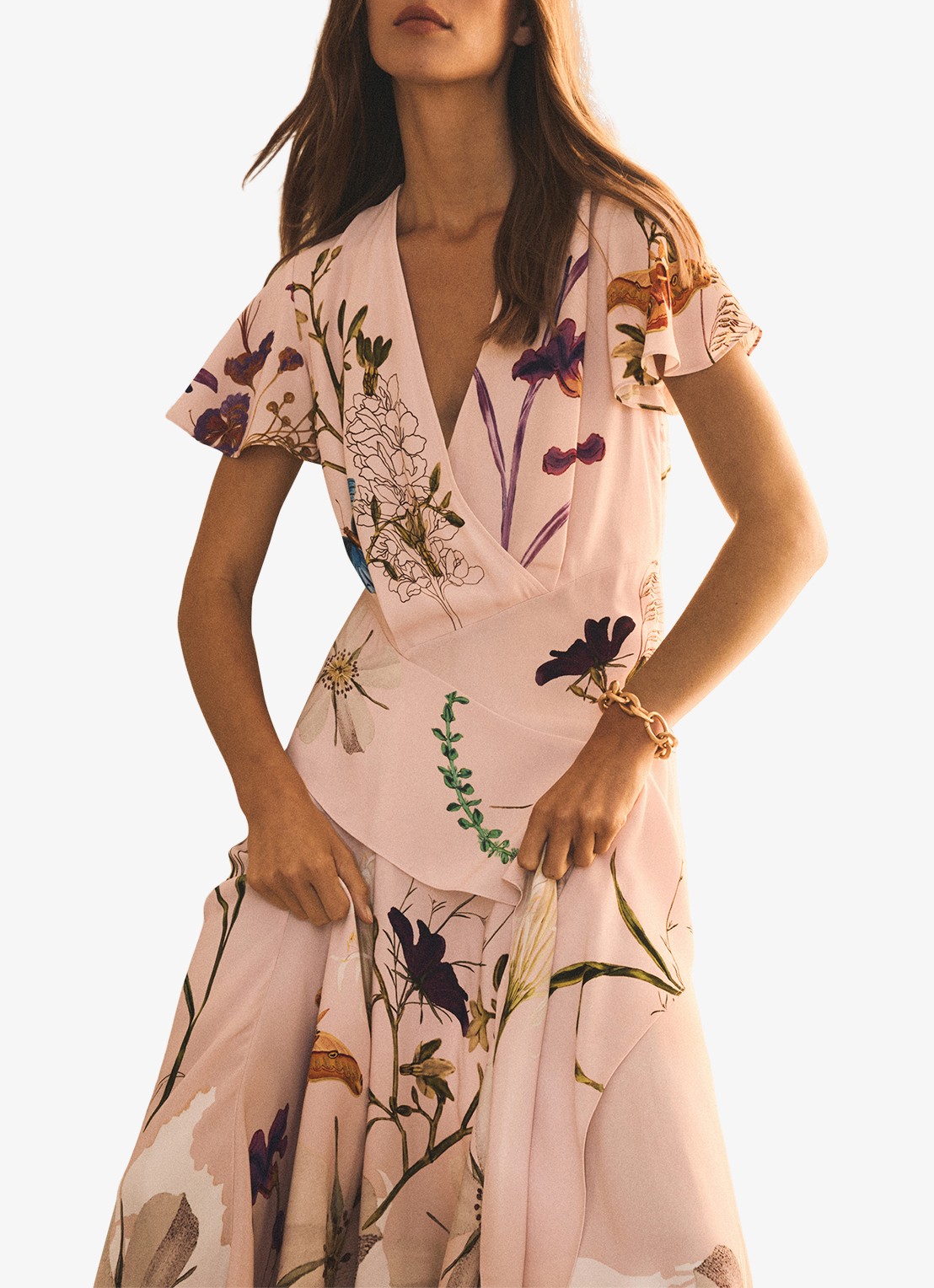 Reiss Verity midi tuniekjurk met bloemenprint - detail 2 pale pink / roze