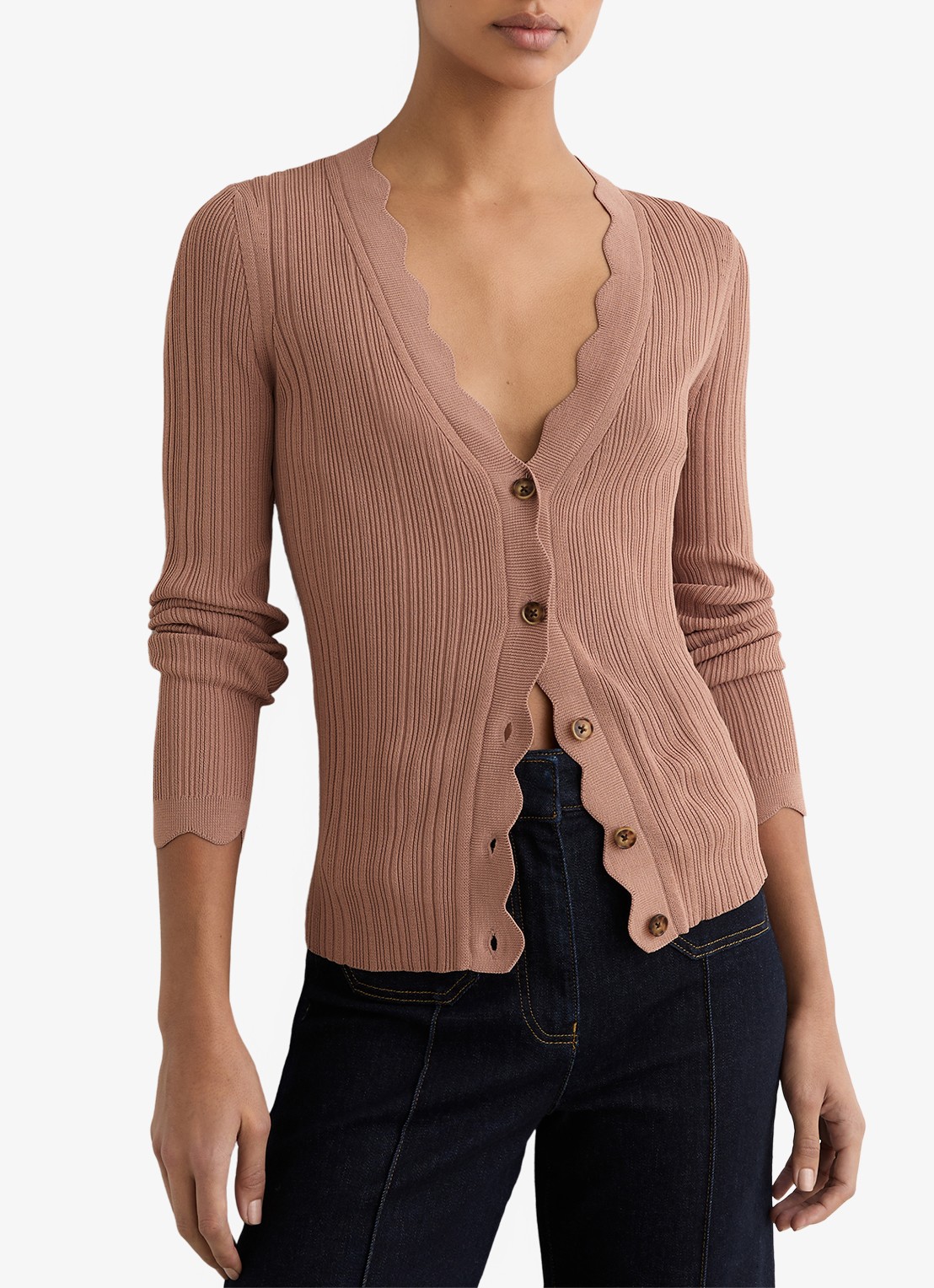 Reiss Vinny ribgebreid vest met V-hals - detail 2 oudroze