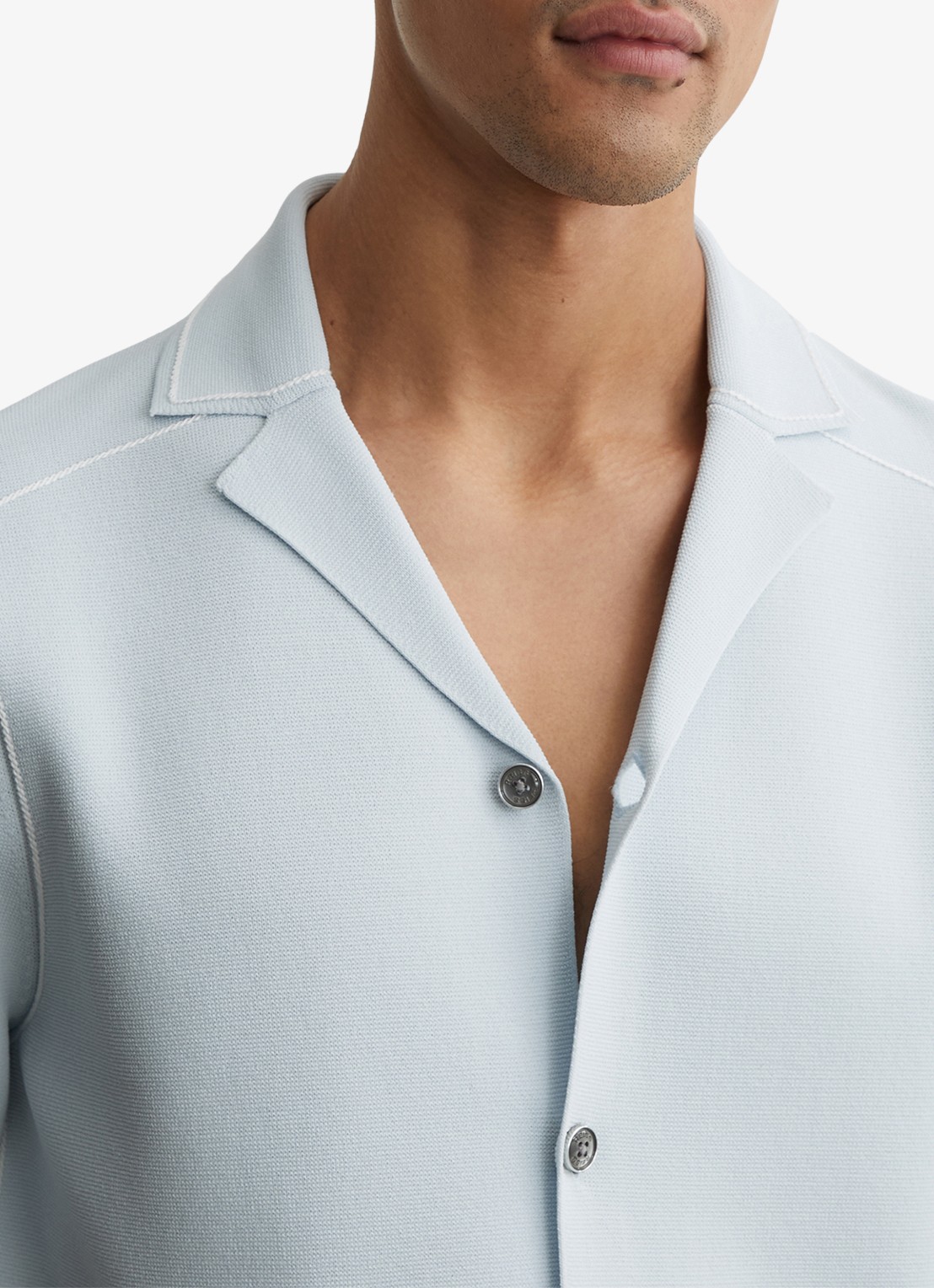Reiss WANDSWORTH Stitch-Detail Cuban-Collar Knit Shirt - detail 3 lichtblauw