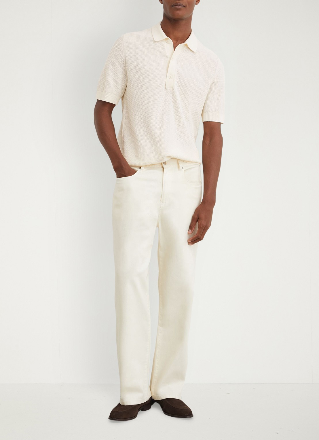 Reiss WARREN Cotton-Blend Basket-Stitch Polo Shirt - voorkant 2 gebroken wit