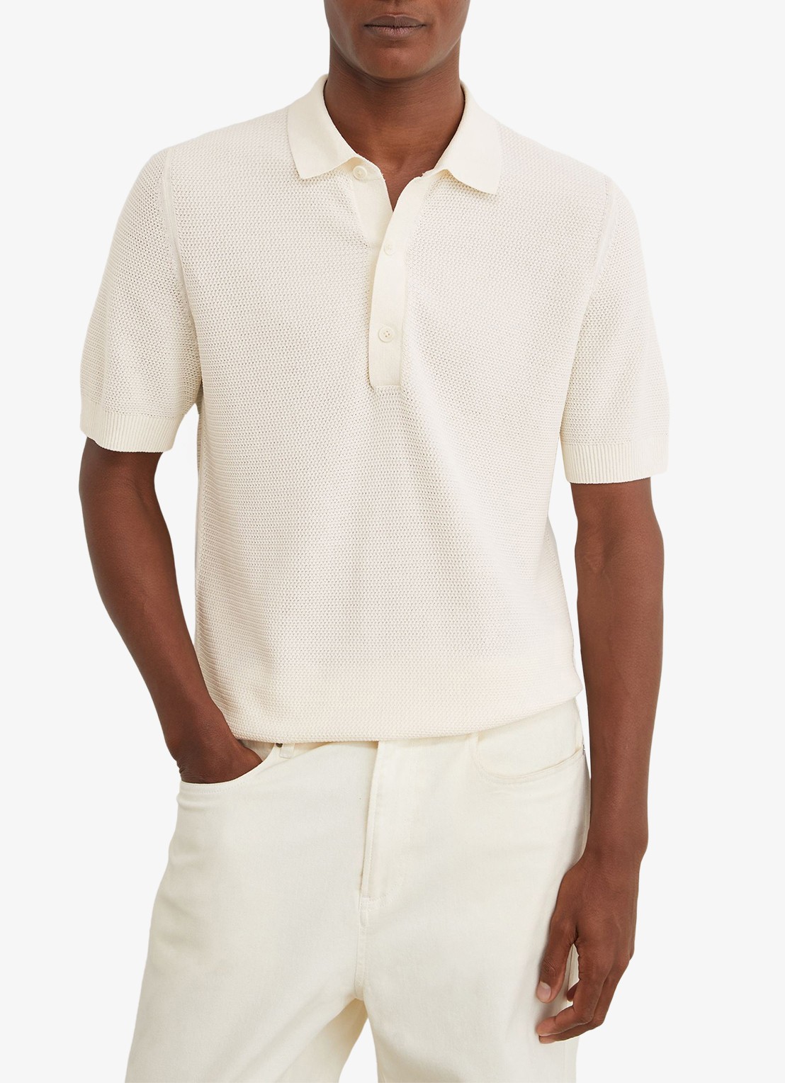 Reiss Warren grofgebreide regular fit polo - detail gebroken wit