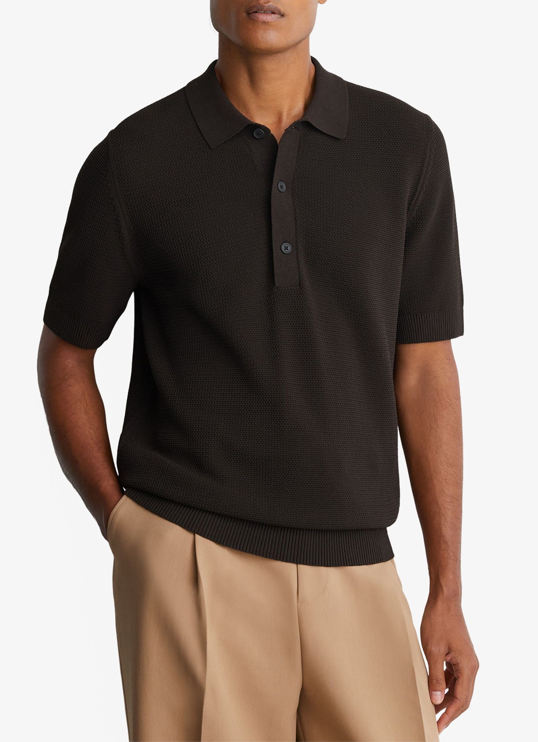 Reiss Warren grofgebreide regular fit polo - detail bruin