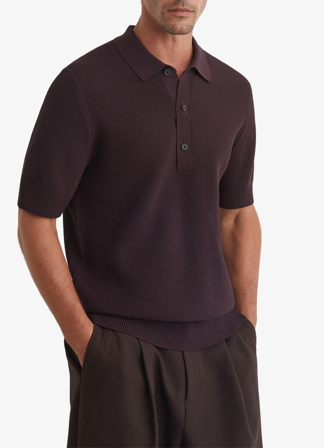 Reiss Warren grofgebreide regular fit polo - detail bordeauxrood