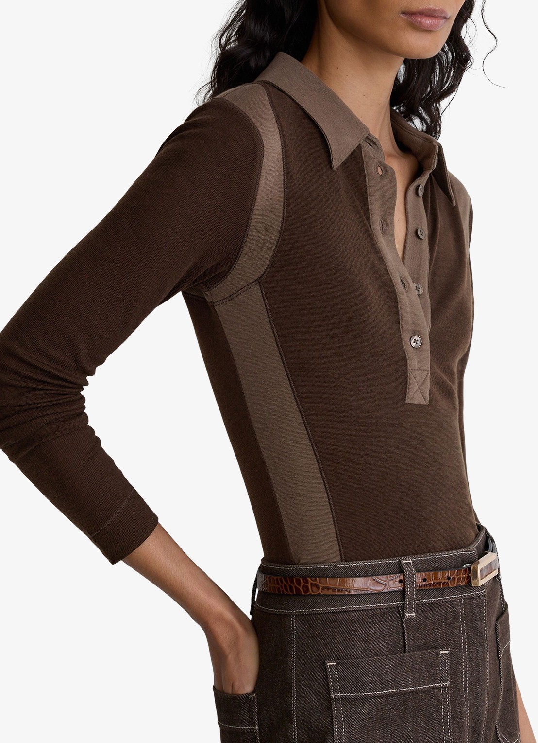 Reiss Wendy color block polo in wolblend - detail chocoladebruin