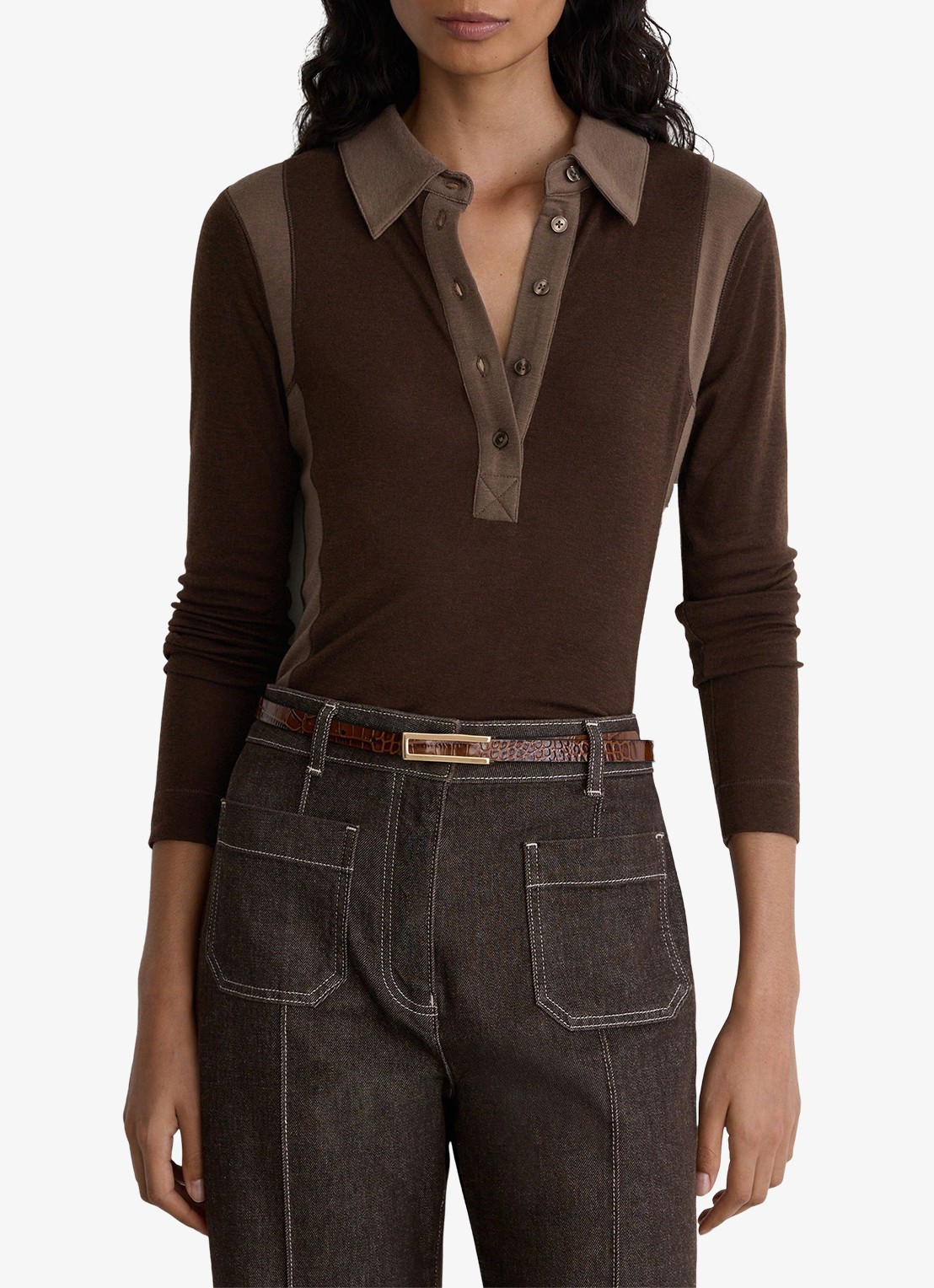 Reiss Wendy color block polo in wolblend - detail 3 chocoladebruin