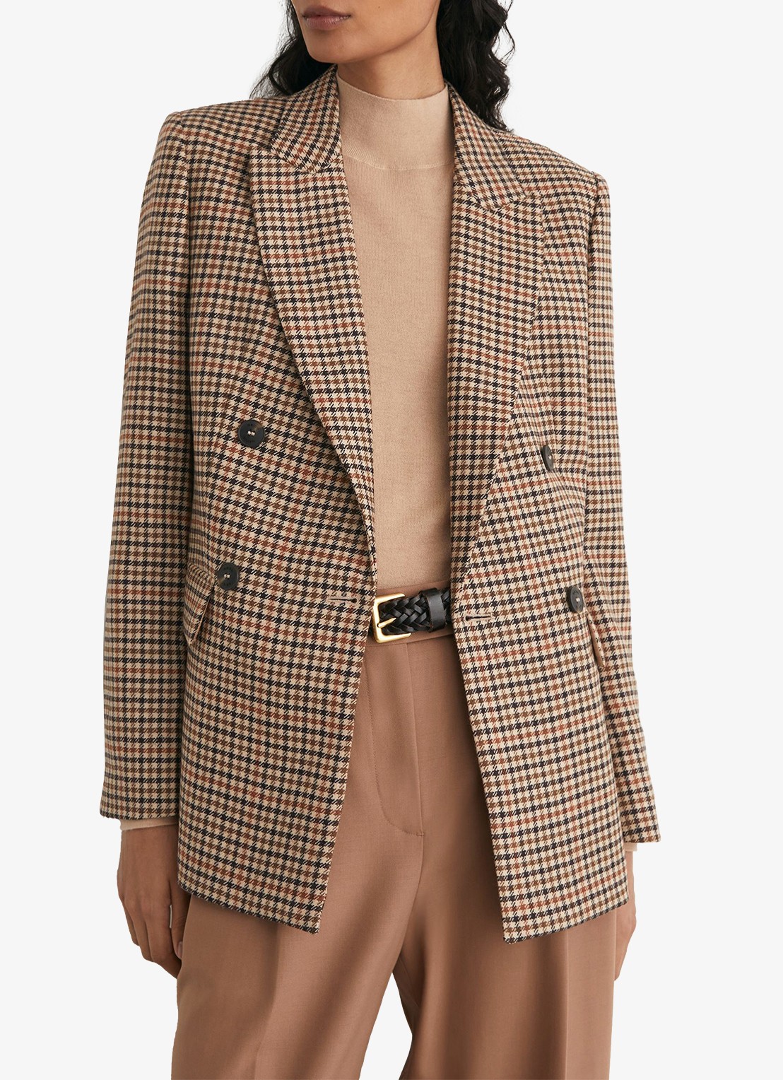 Reiss Willow double-breasted blazer van wol met pied-de-poule dessin - detail 3 lichtbruin