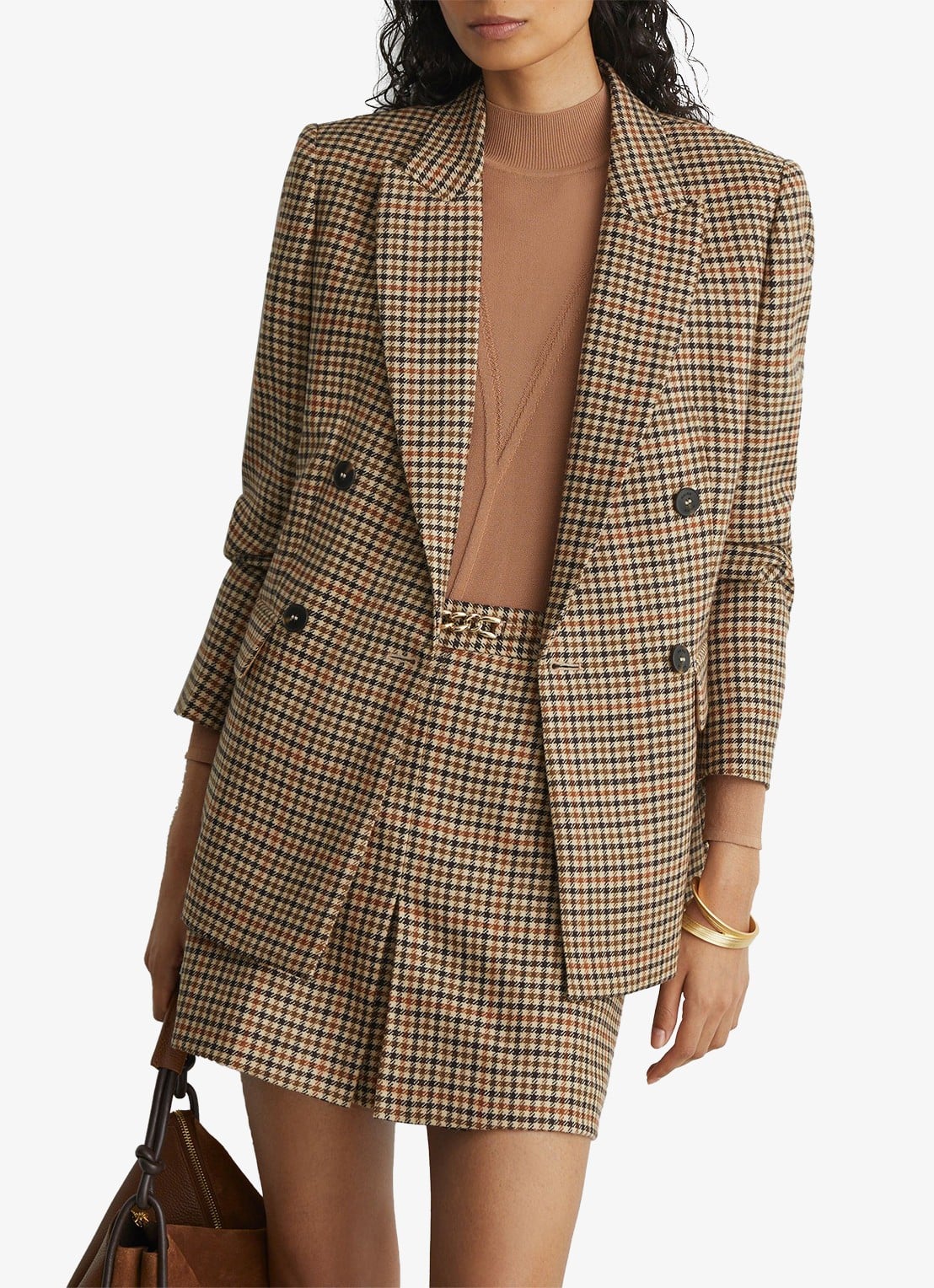 Reiss Willow mini rok van wol met ruitdessin - detail beige