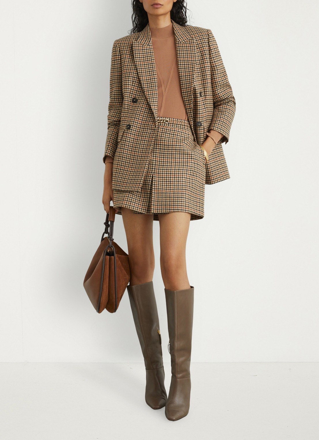 Reiss Willow mini rok van wol met ruitdessin - voorkant 5 beige