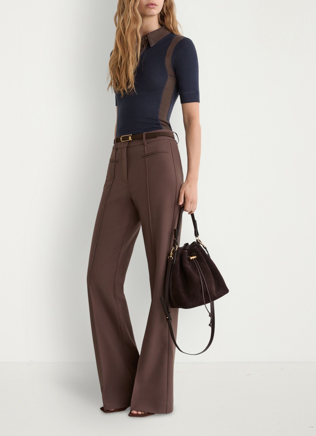 Reiss Winnie top met gestreept detail - voorkant 4 chocoladebruin