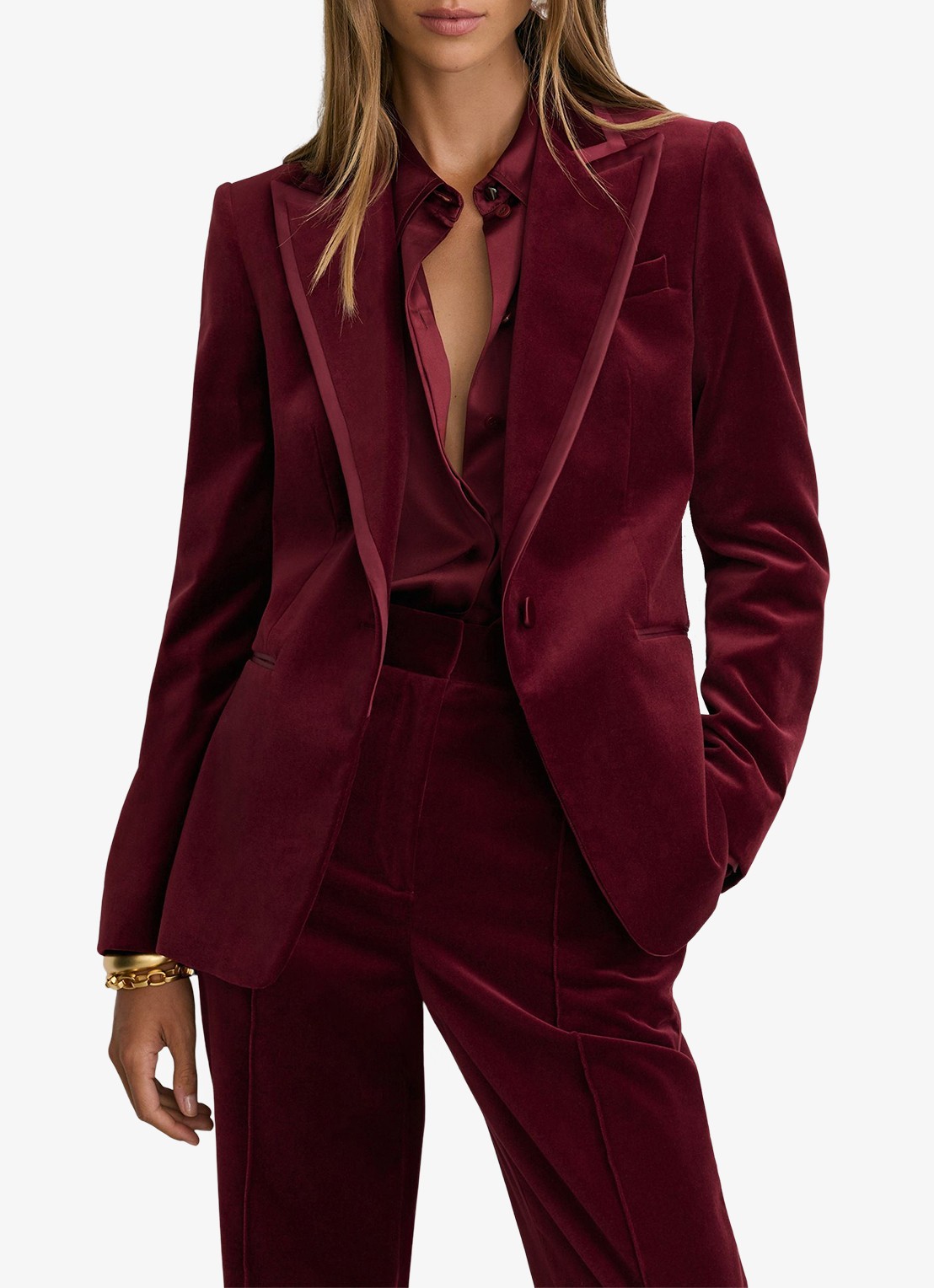 Reiss Wren single-breasted blazer van fluweel - detail donkerrood