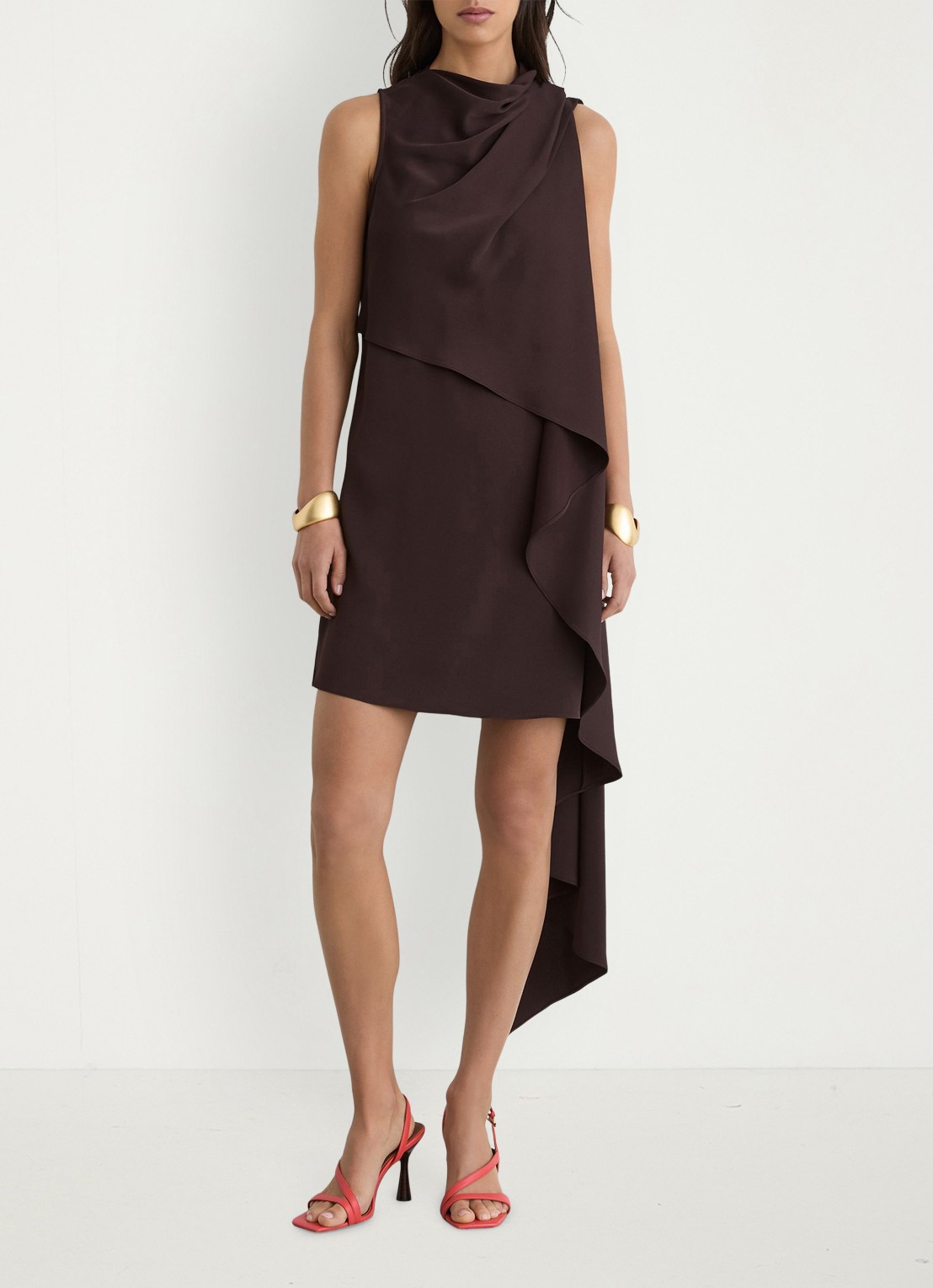 Reiss WRENLEY Drape-Detail Layered Mini Dress - voorkant 7 chocoladebruin