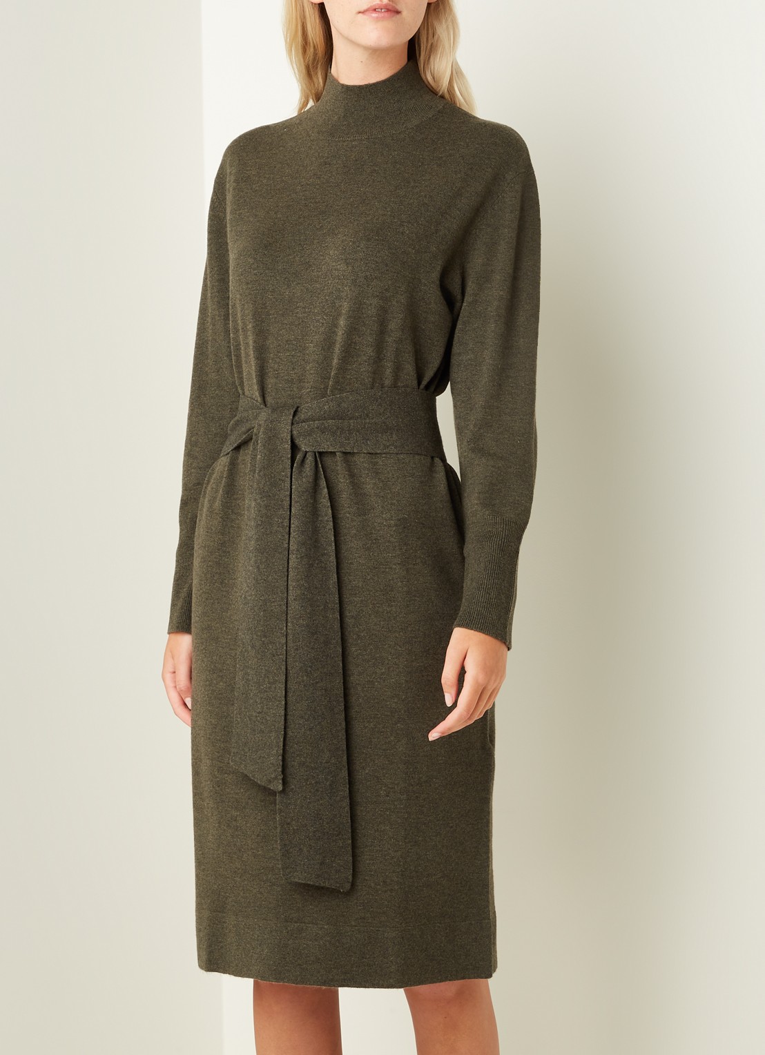 Repeat Midi trui-jurk in kasjmierblend met strikceintuur - detail 3 donkerkhaki
