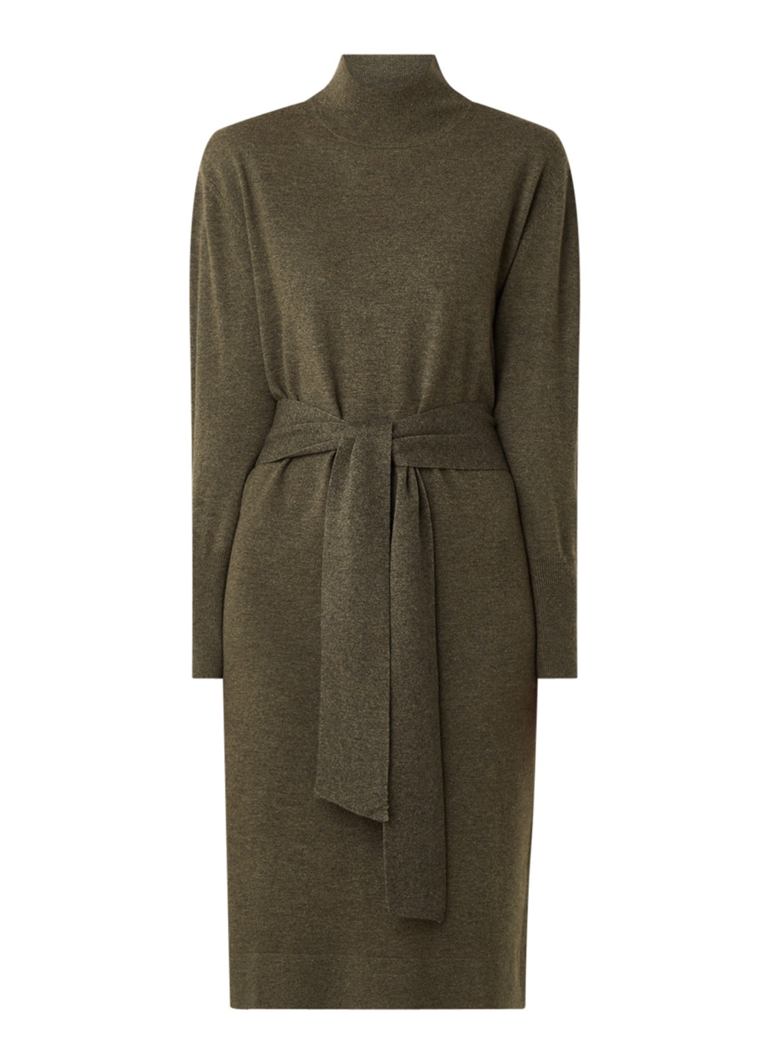 Repeat Midi trui-jurk in kasjmierblend met strikceintuur - voorkant donkerkhaki