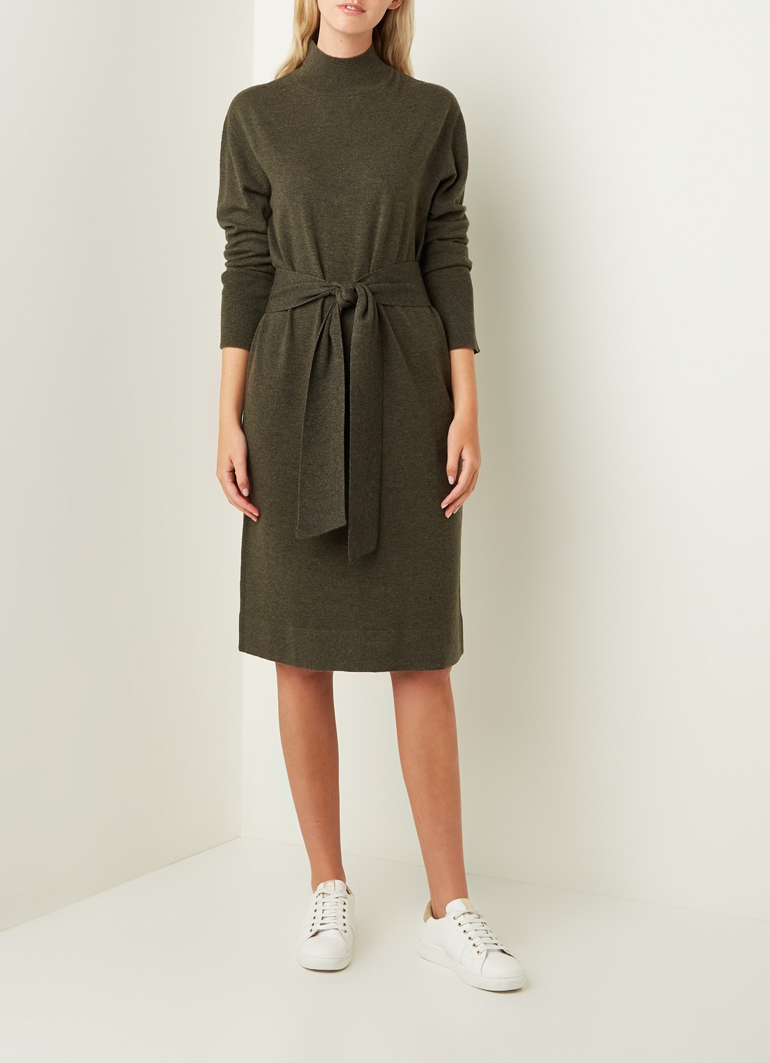 Repeat Midi trui-jurk in kasjmierblend met strikceintuur - voorkant 2 donkerkhaki