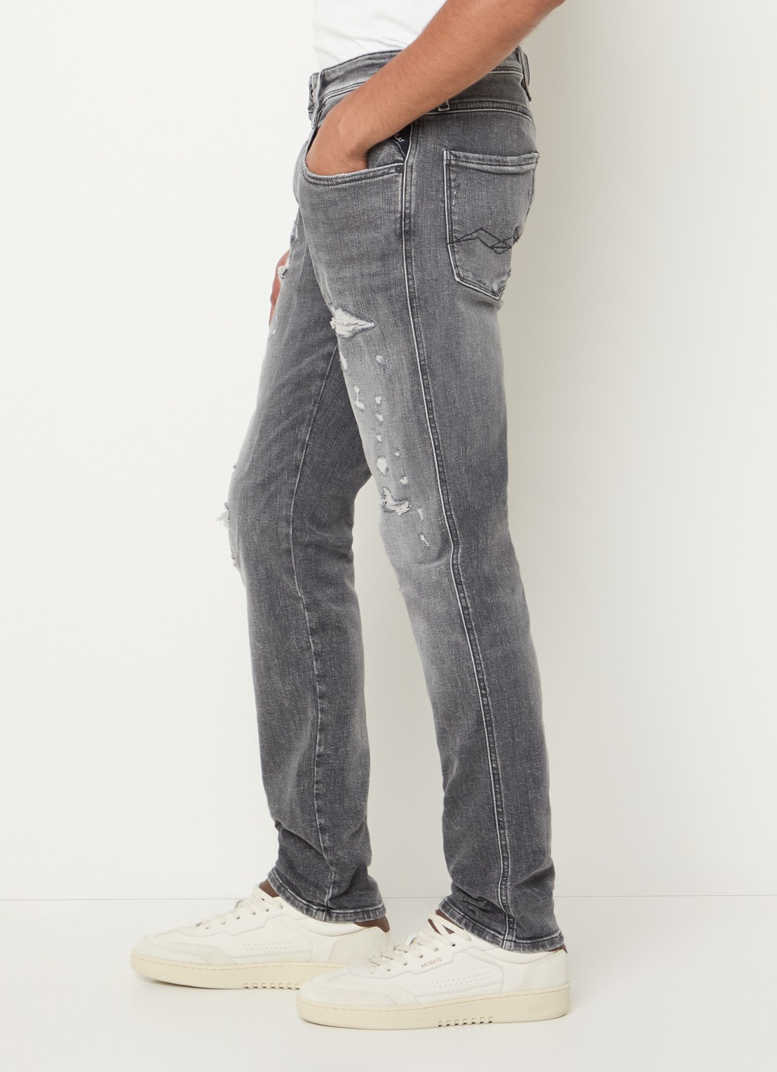 Replay Anbass slim fit jeans met destroyed afwerking - detail 2 grijs