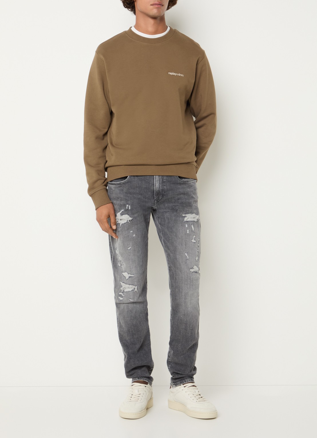 Replay Anbass slim fit jeans met destroyed afwerking - voorkant 4 grijs