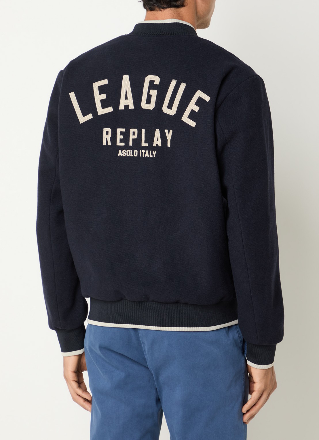 Replay Baseball jack in wolblend met steekzakken - detail 4 donkerblauw