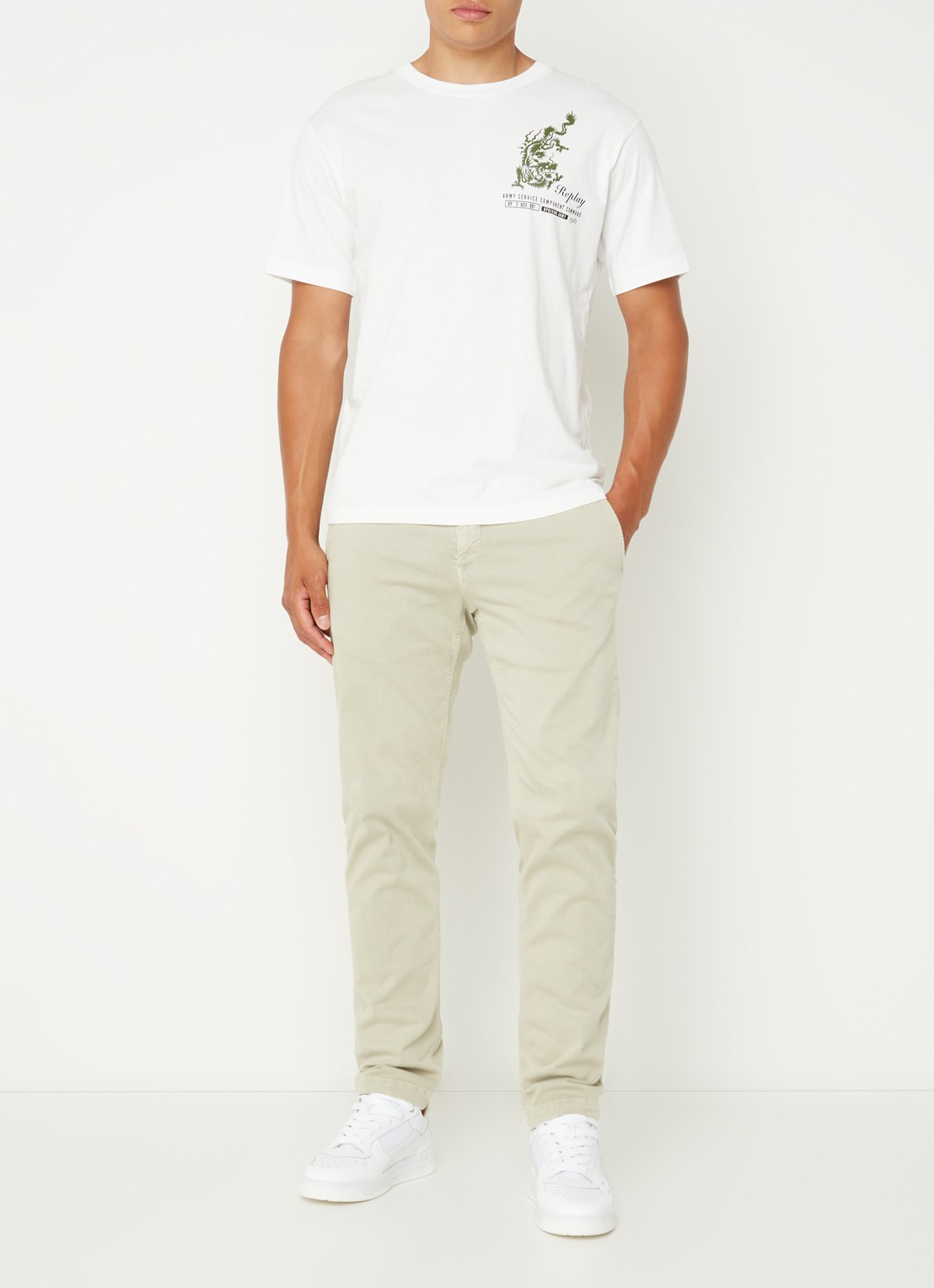 Replay Benni straight fit chino met steekzakken - voorkant 4 beige