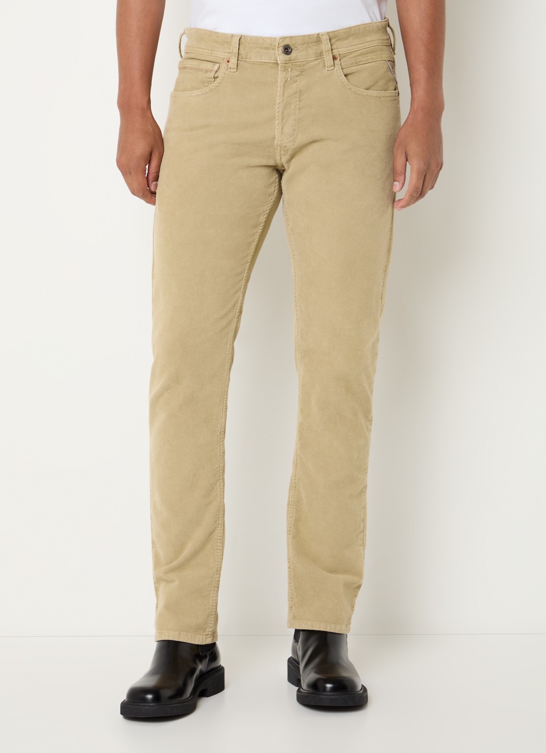Replay Grover slim fit broek van corduroy met steekzakken - detail 2 zand