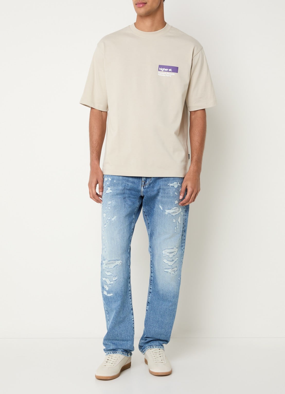 Replay T-shirt met logo en backprint - voorkant 2 beige