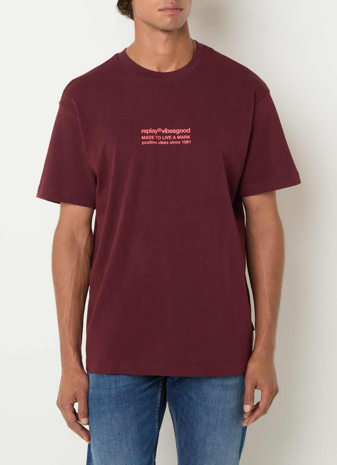 Replay T-shirt met logo- en backprint - achterkant bordeauxrood