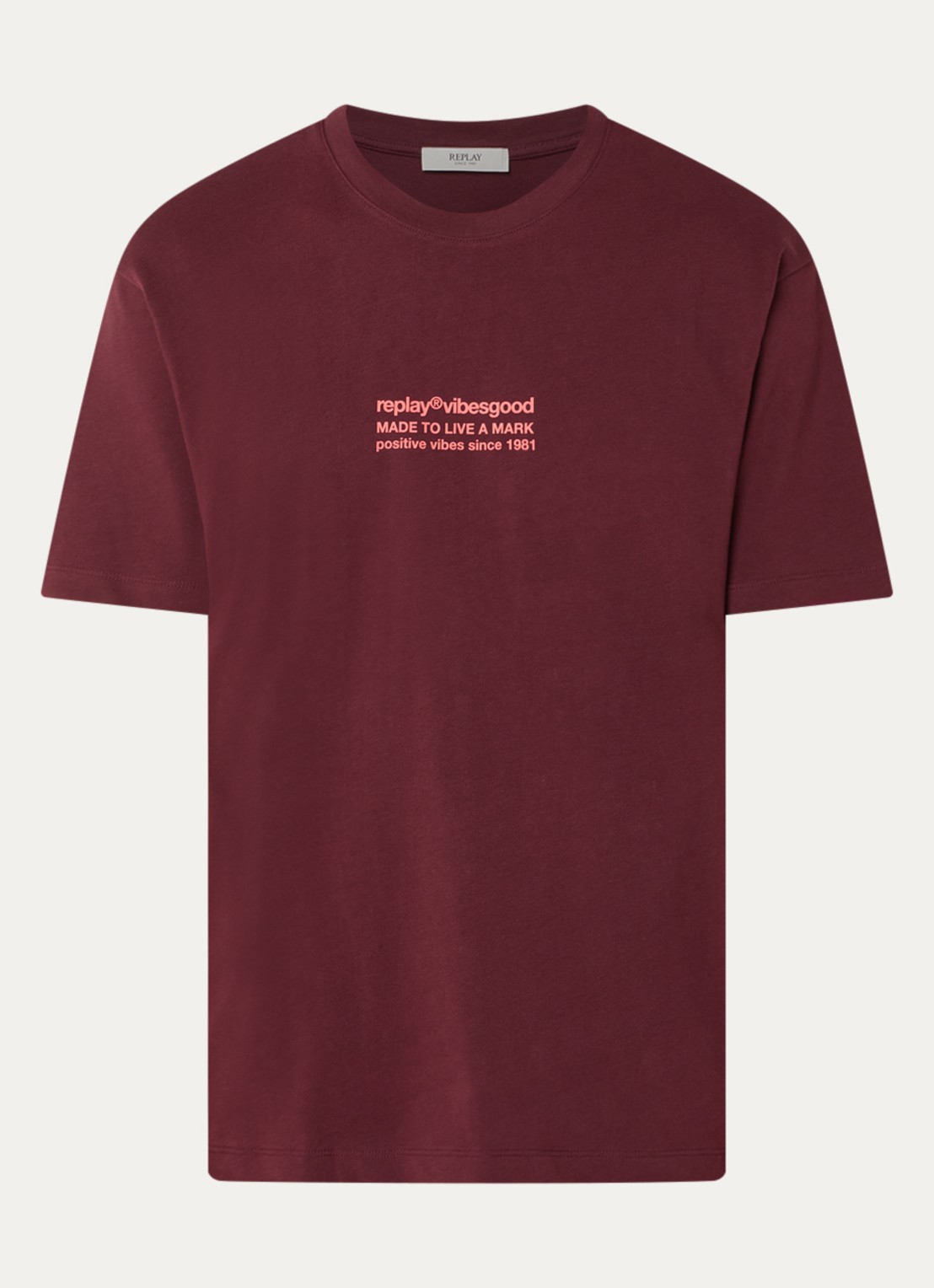 Replay T-shirt met logo- en backprint - voorkant 5 bordeauxrood