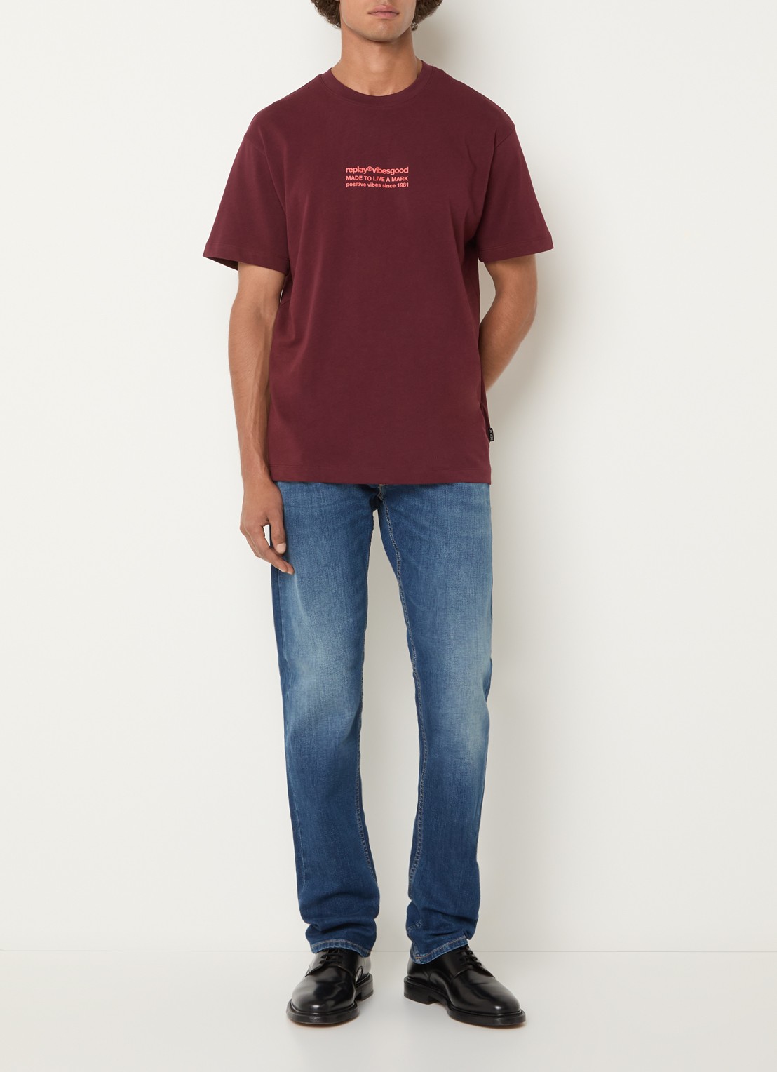 Replay T-shirt met logo- en backprint - voorkant 6 bordeauxrood