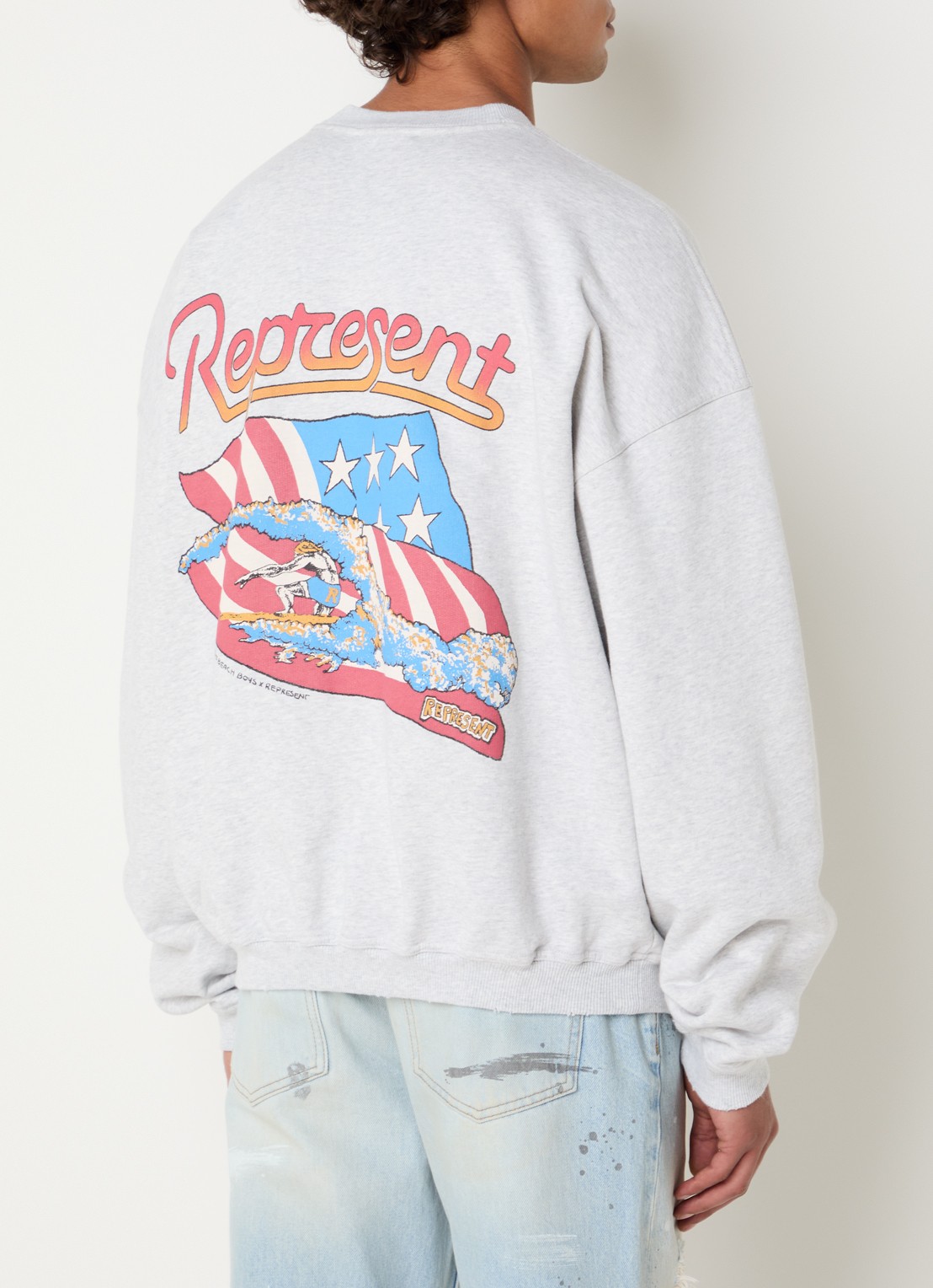 Represent Beach Boys sweater met logo- en backprint - detail grijsmele