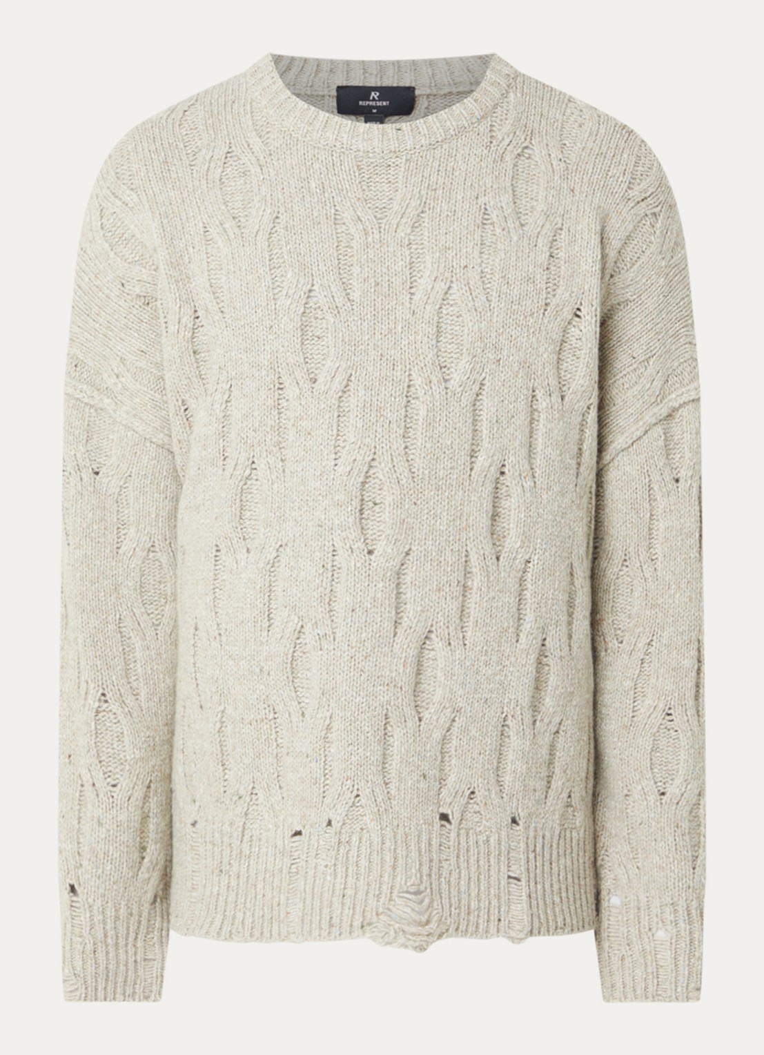 Represent Distress kabelgebreide trui met ronde hals - voorkant beige
