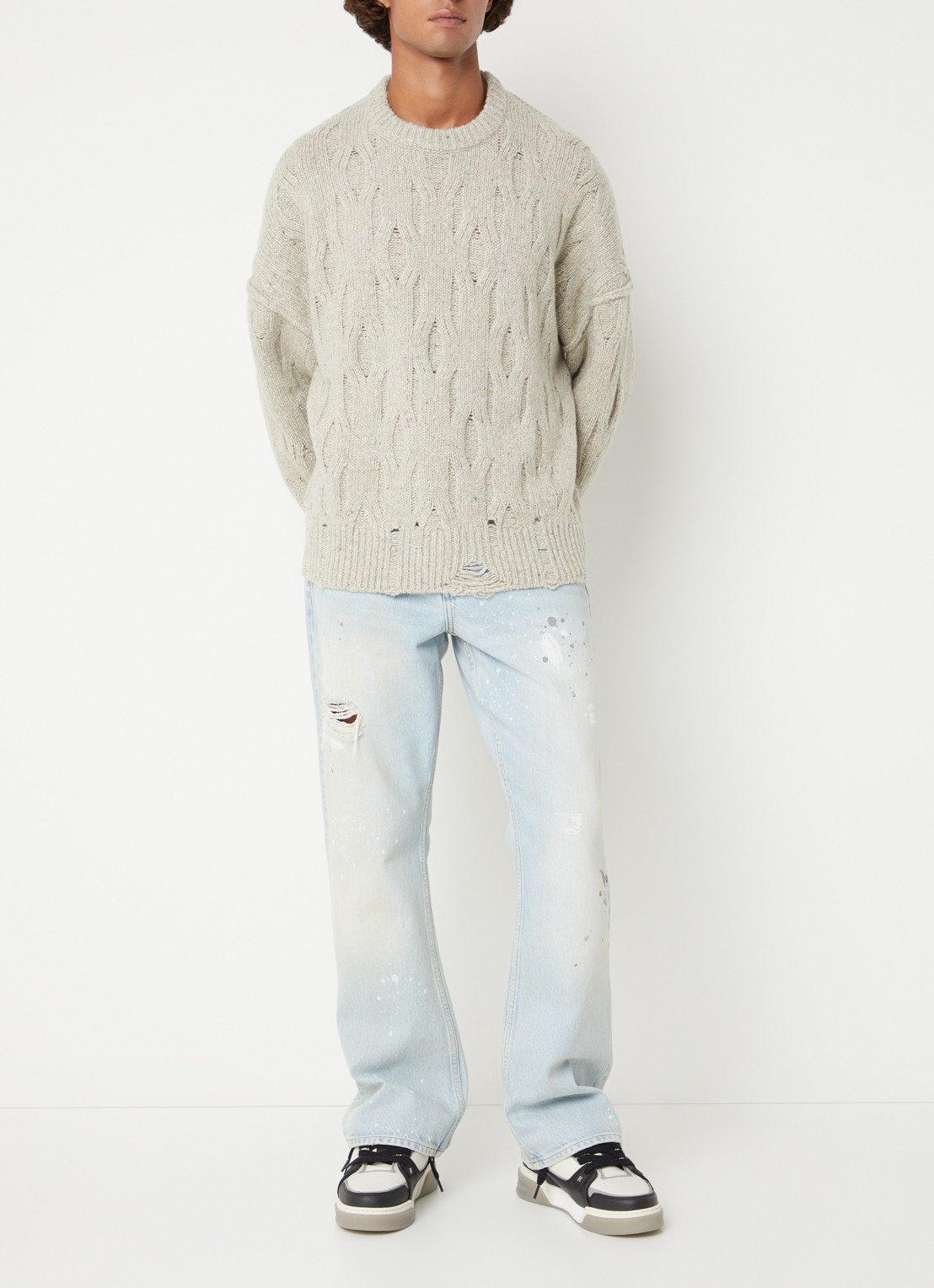 Represent Distress kabelgebreide trui met ronde hals - voorkant 2 beige