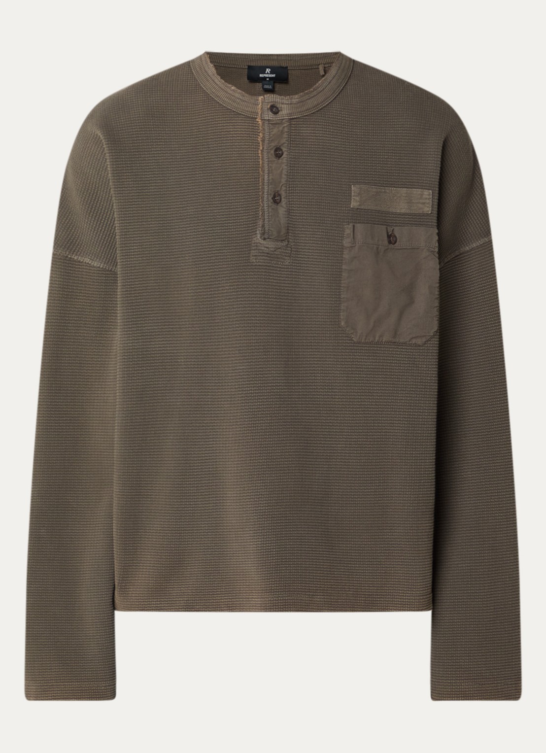 Represent Henley sweater met borstzak en verwassen afwerking - voorkant 3 zand