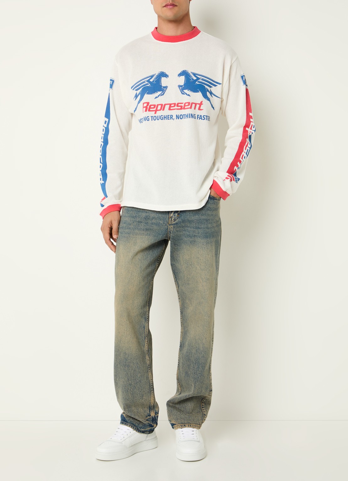 Represent Longsleeve T-shirt met logoprint - voorkant 4 gebroken wit