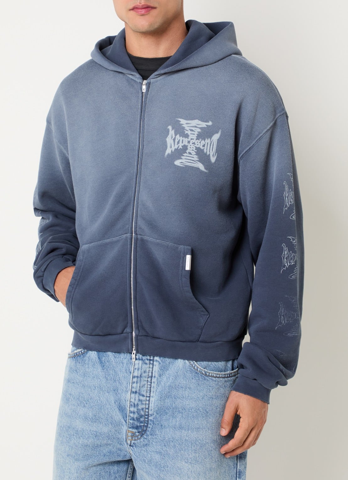Represent MH Shrunken sweatvest met logo en verwassen afwerking - detail staalblauw
