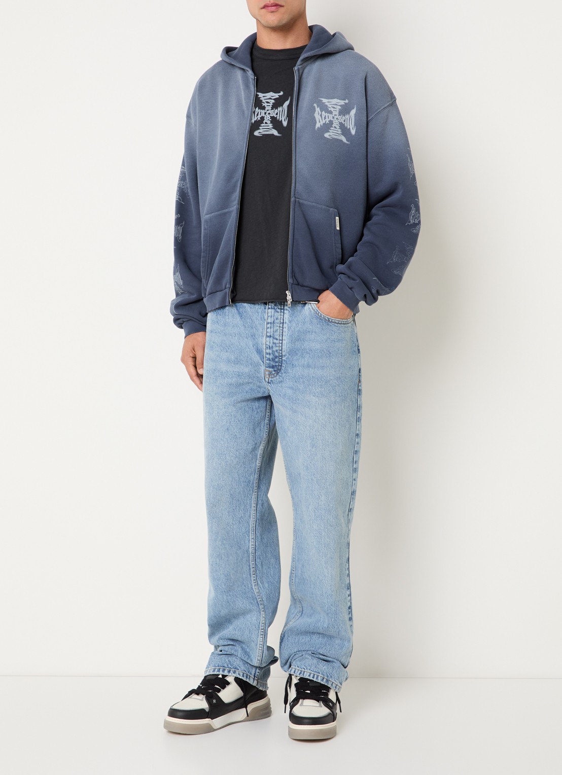 Represent MH Shrunken sweatvest met logo en verwassen afwerking - voorkant 5 staalblauw