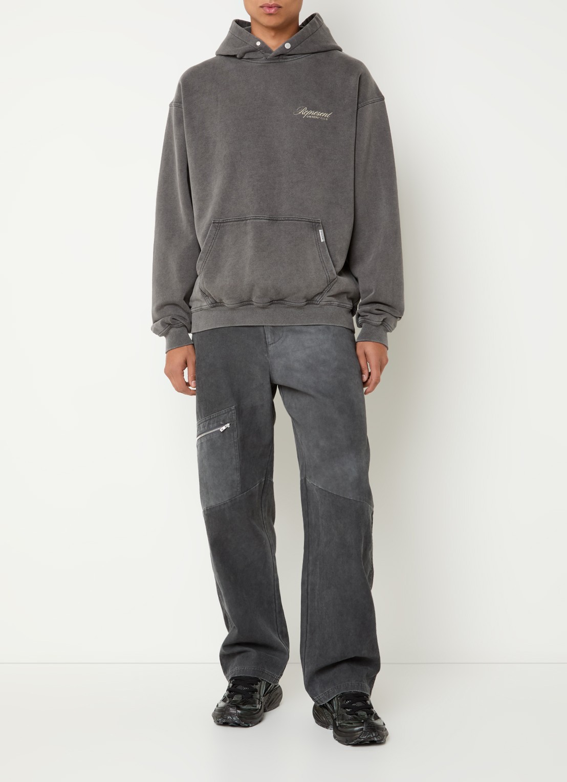 Represent Owners Club Script hoodie met logo- en backprint - voorkant 3 donkergrijs