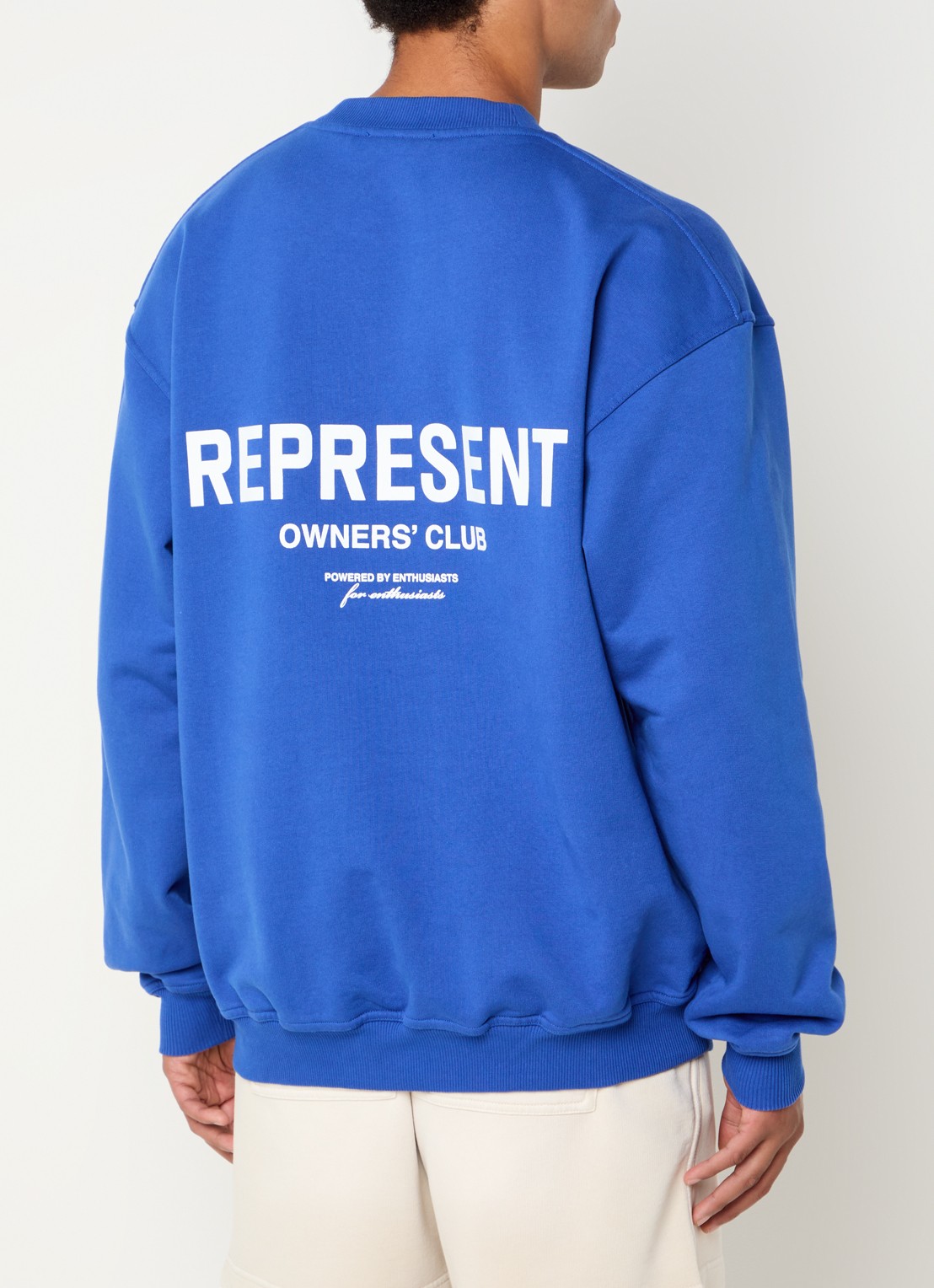 Represent Owners Club sweater met logo- en backprint - detail kobaltblauw