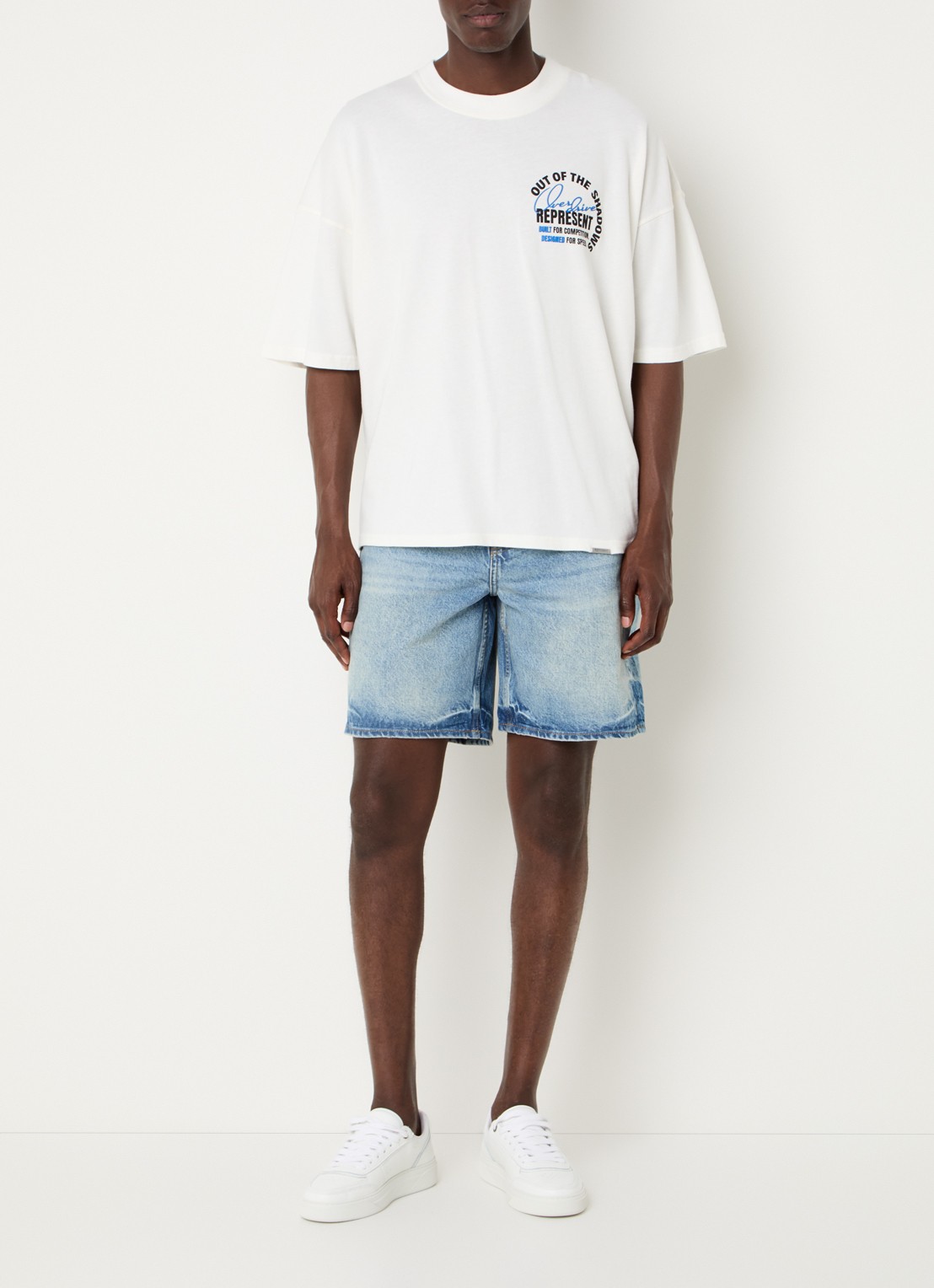 Represent Straight fit korte broek van denim met lichte wassing - voorkant 3 indigo