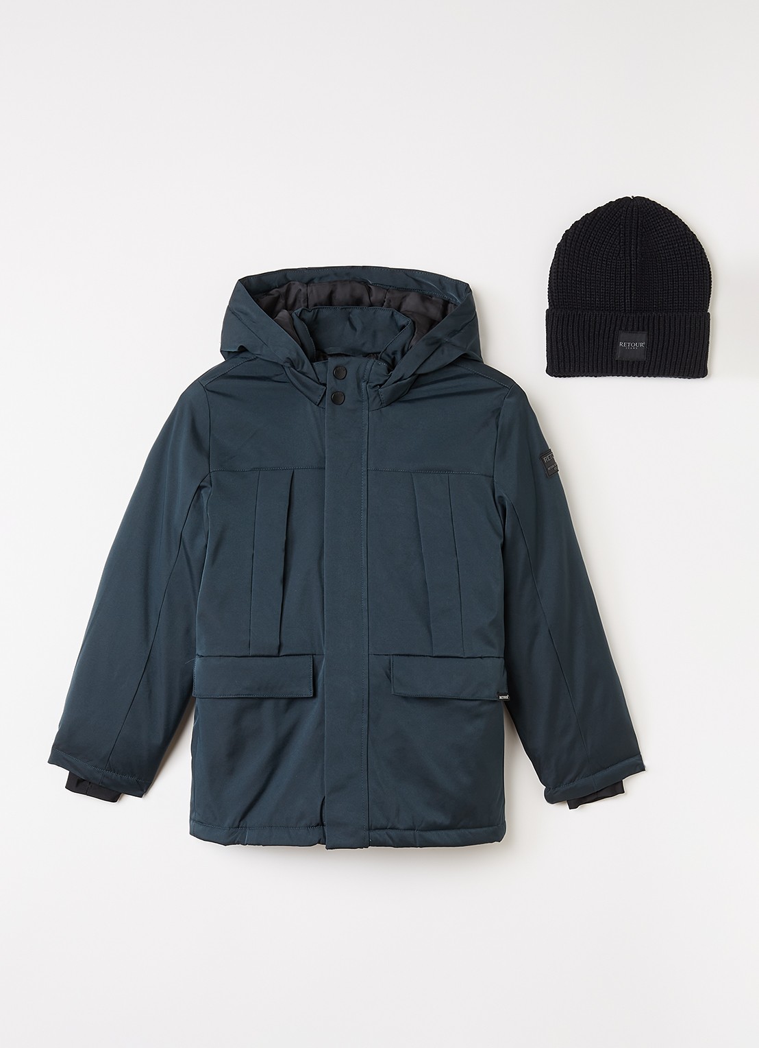 Retour Jeans Wart set van gewatteerde jas met muts 2-delig - voorkant indigo