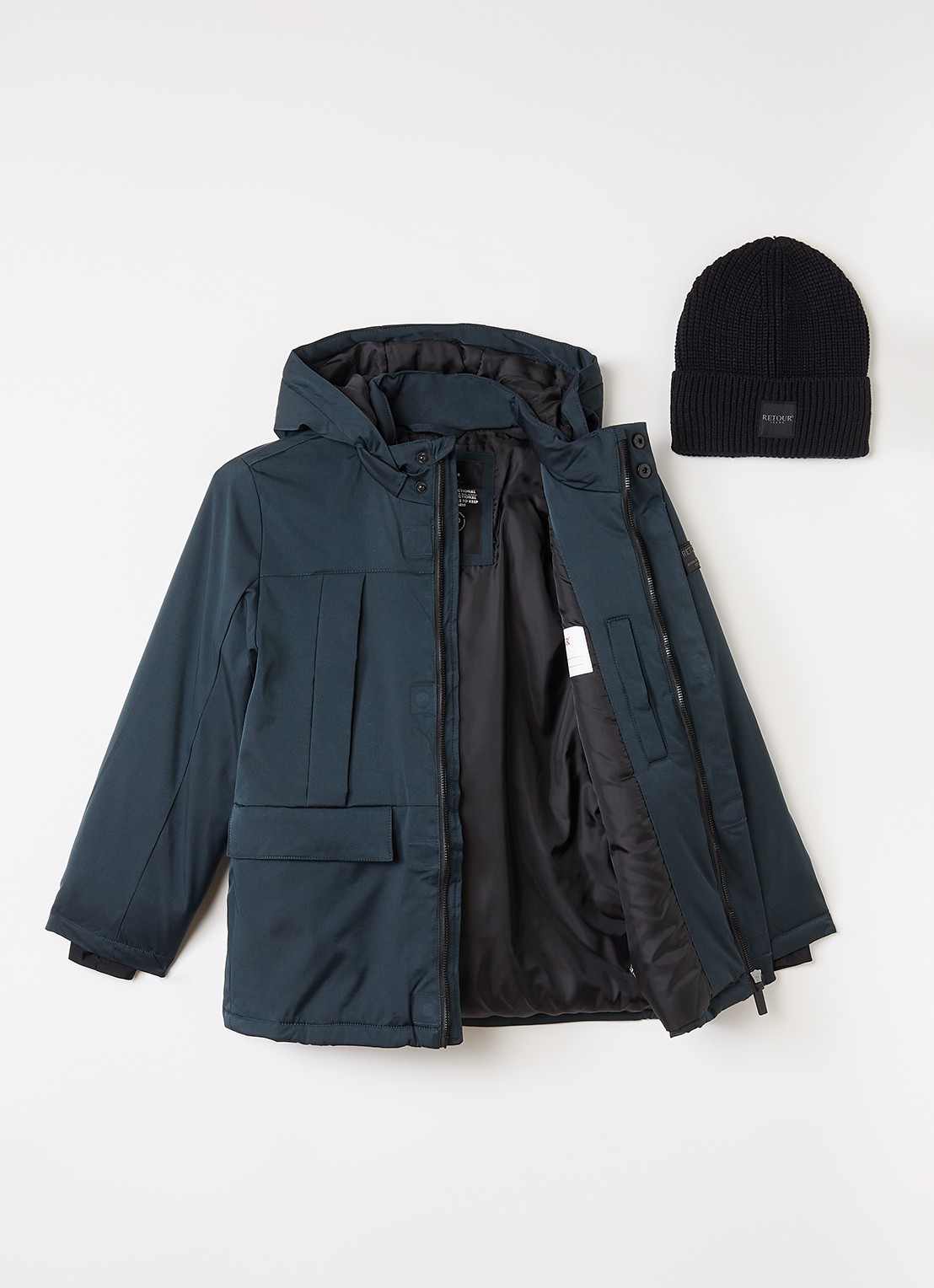 Retour Jeans Wart set van gewatteerde jas met muts 2-delig - voorkant 2 indigo