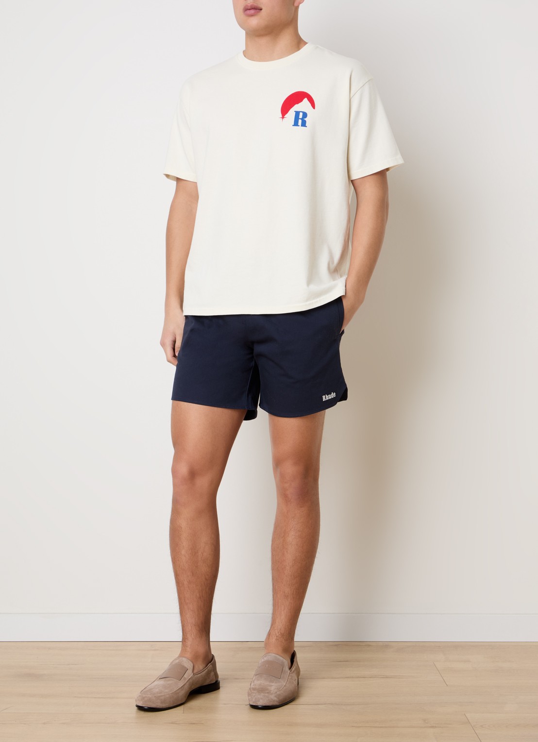 Rhude Moonlight Regatta T-shirt met logo- en backprint - voorkant 5 gebroken wit