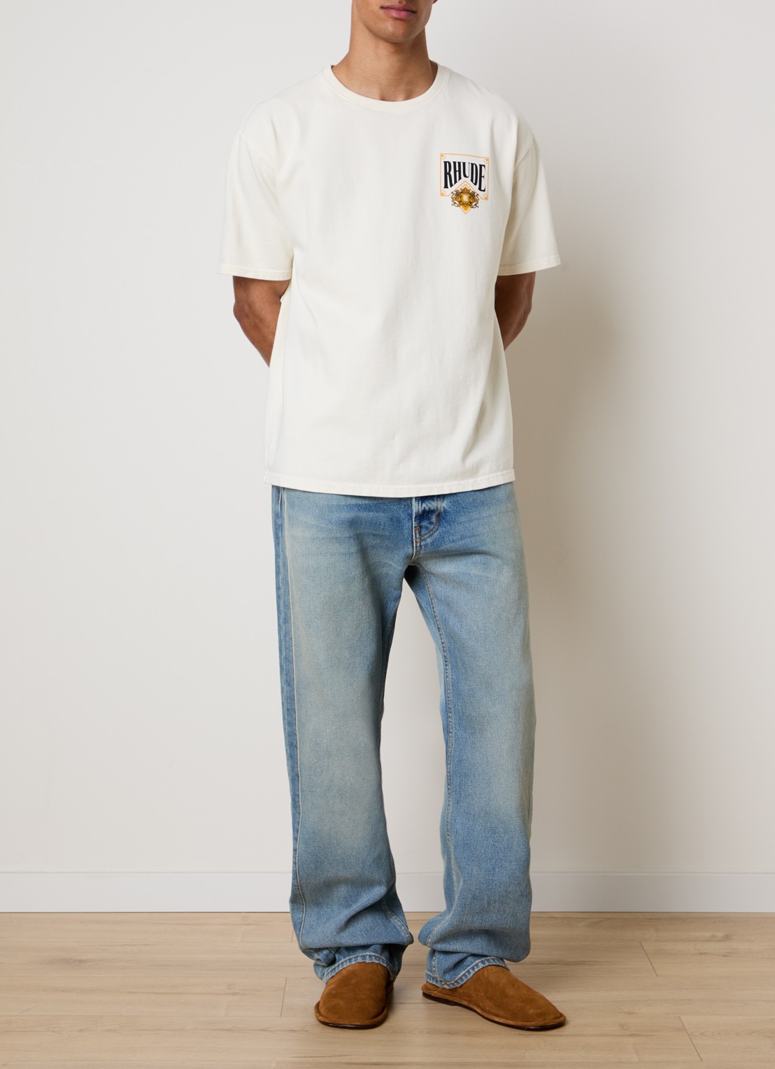 Rhude Playing Card T-shirt met logo- en backprint - voorkant 2 creme